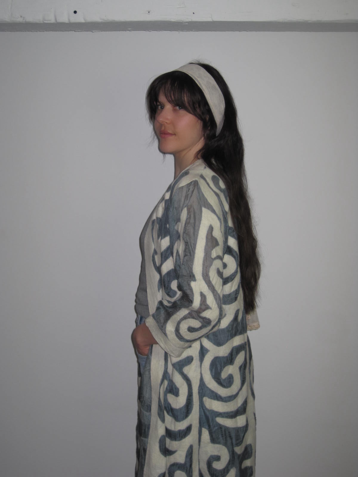 Vintage Long Kimono with Abstract Appliqué Detailing