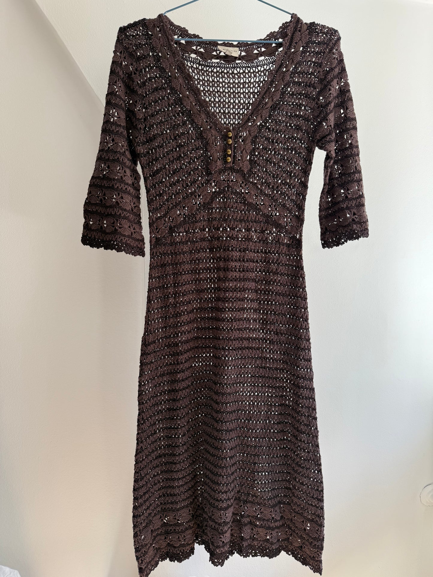 Vintage Karen Millen Brown Crochet Lace Knit Midi Dress
