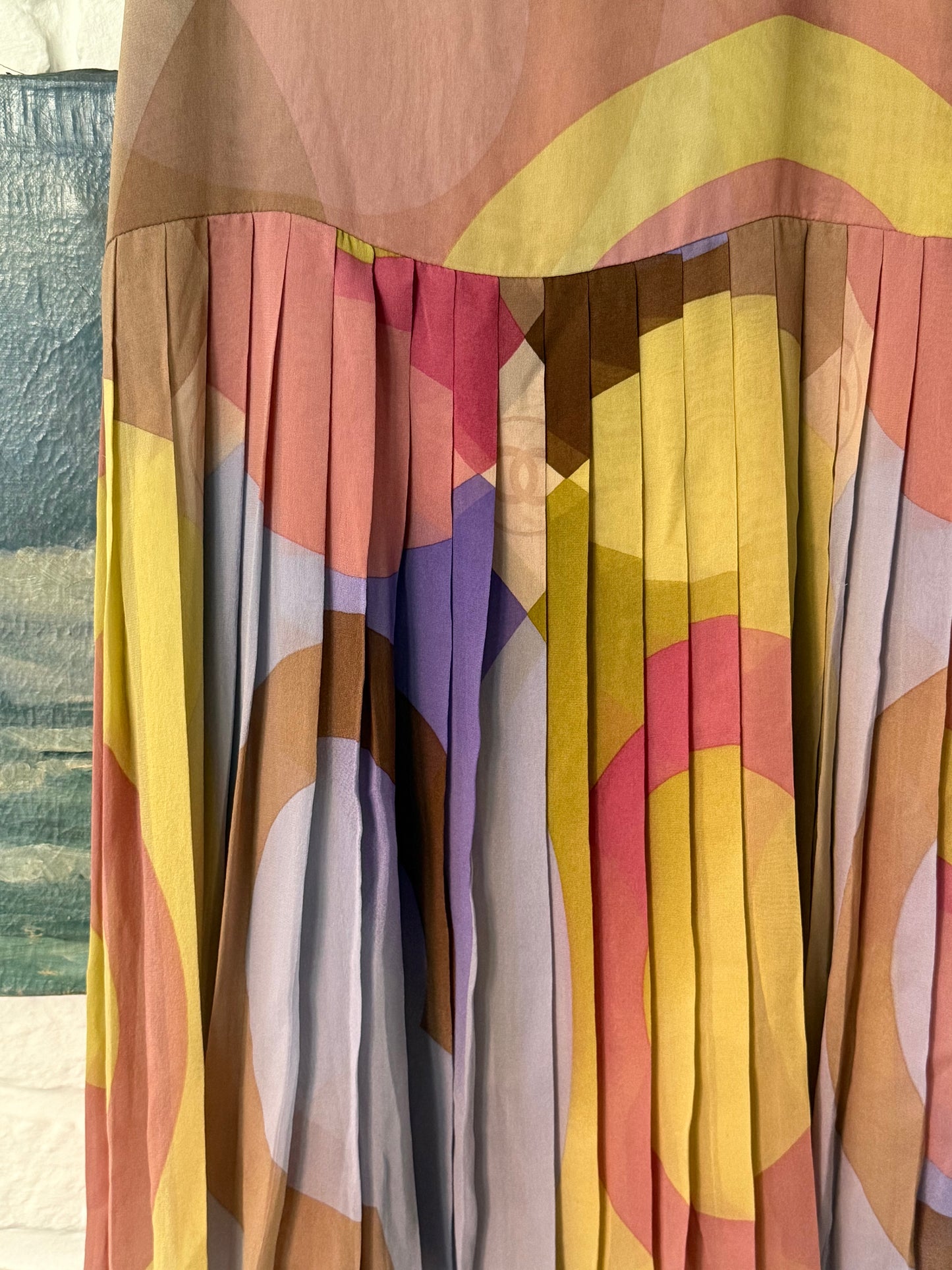 Iconic Vintage Chanel Silk Pleated Dress with Multicolor Abstract Print