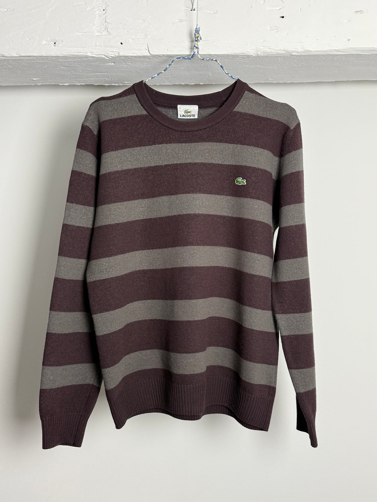 Vintage Lacoste Burgundy and Grey Striped Knit Sweater with Classic Logo