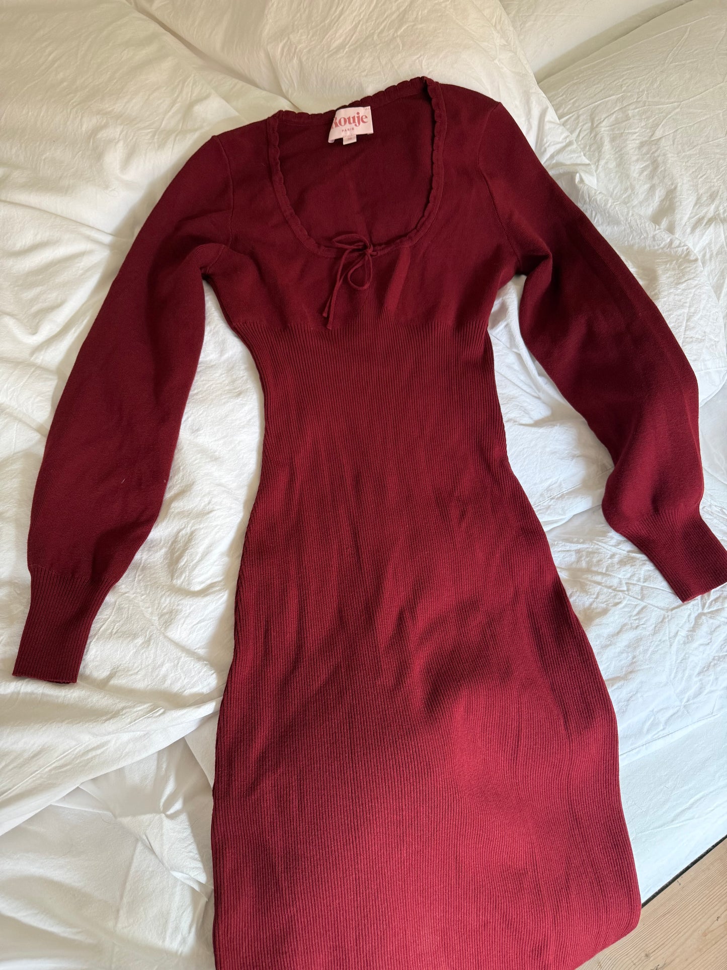 Rouje Wine Red Dress with Defined Waist and Tie Details