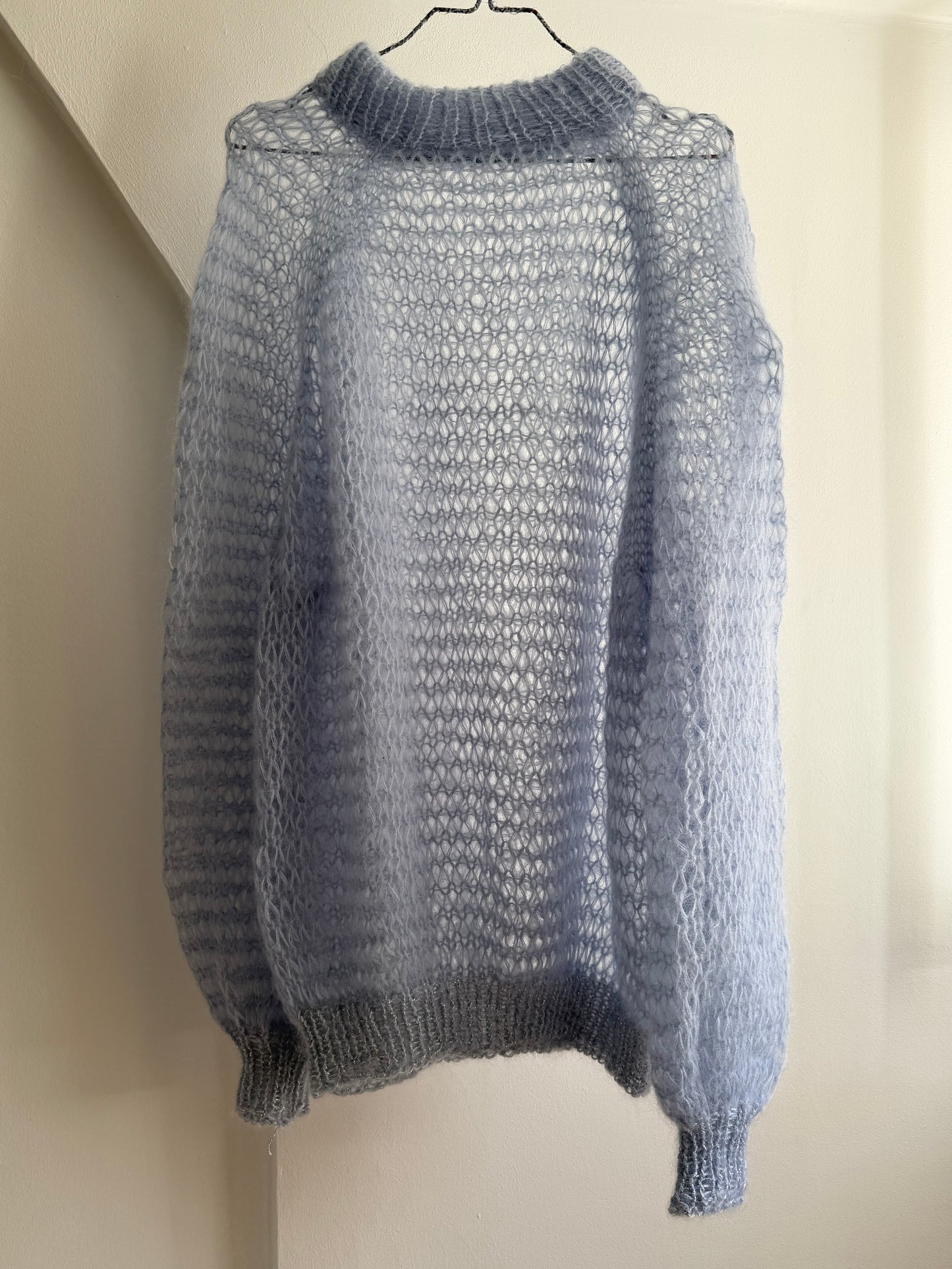 Vintage Hand-Knit Baby Blue Oversized Sweater With Silver Shimmer Trim