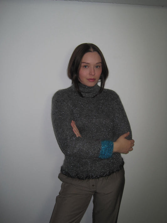 Vintage Mohair Blend Glitter Top with Pink and Blue Knitted Details on the Sleeves