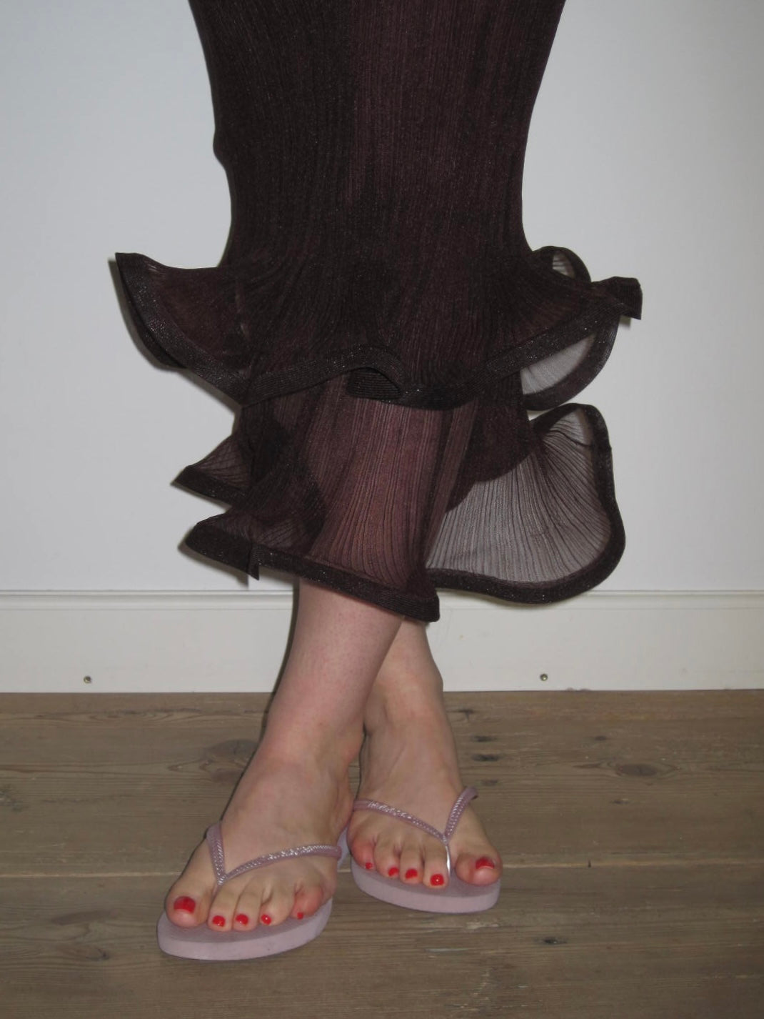 Simkhai Sheer Pleated Ruffle Hem Bodycon Chocolate Maxi Dress