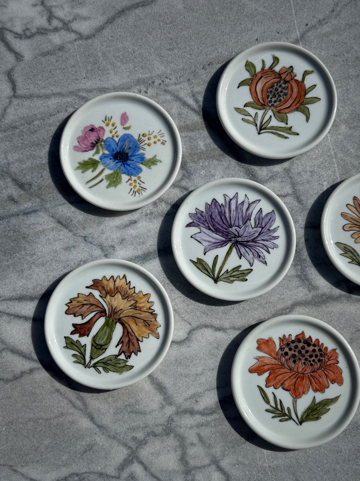 Porcelain Coasters with Hand Painted Floral Motifs Set of 6