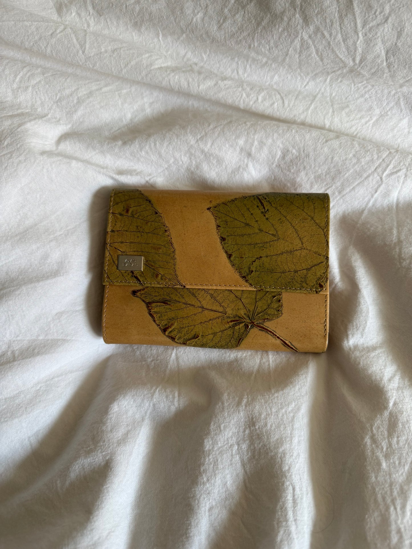Vintage Leather Shoulder Bag and Matching Wallet with Pressed Leaves