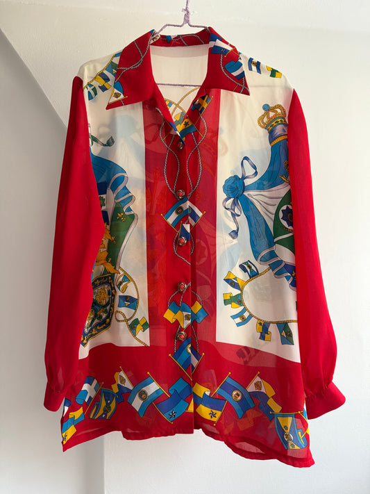 Vintage Flag Print Button Up Blouse