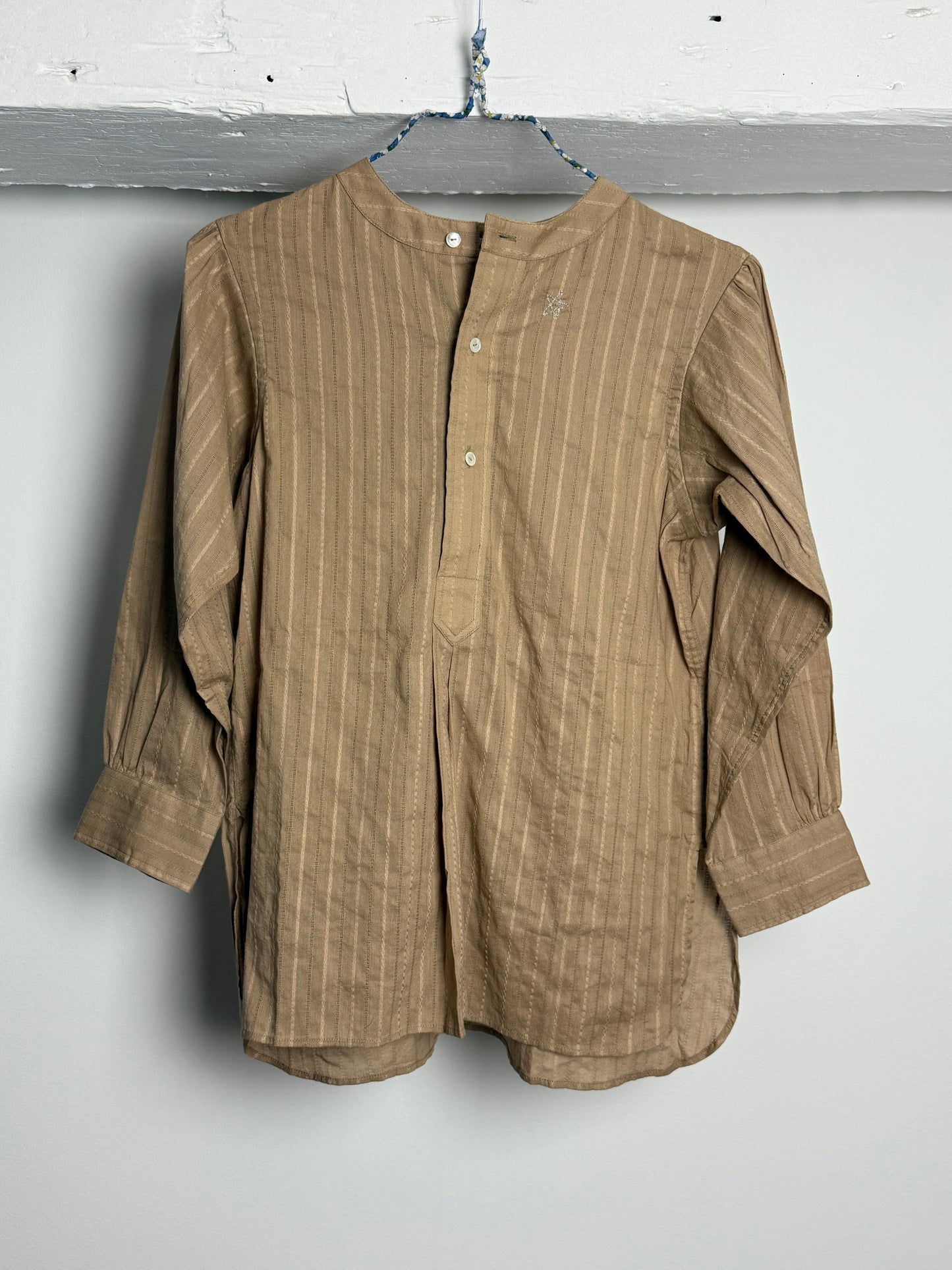 Christensen x Sigersen Beige Textured Cotton Blouse with Cropped Sleeves and Embroidered Star Detail