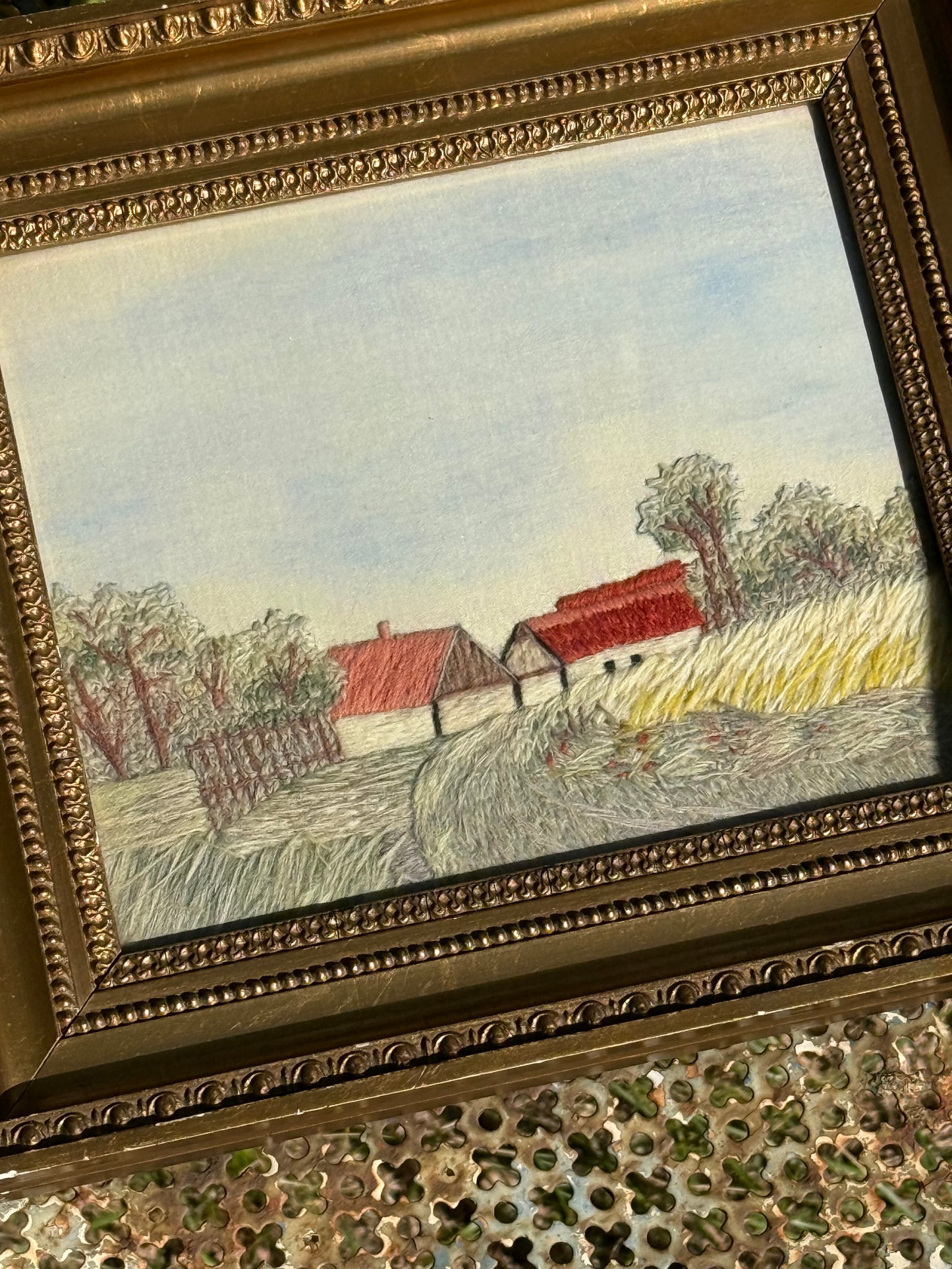 Vintage Framed Hand Embroidered Countryside Landscape