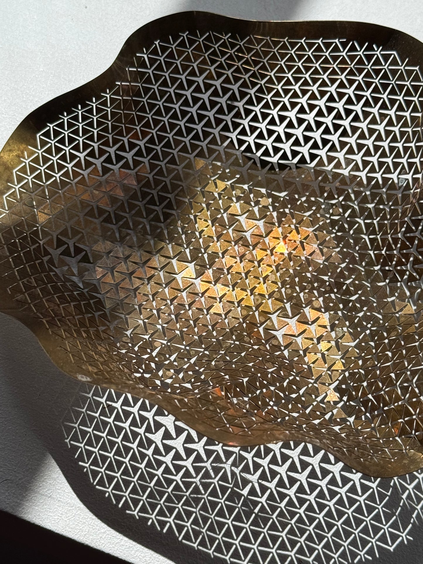 Vintage Sculptural Brass Catchall Bowl with Geometric Pierced Design