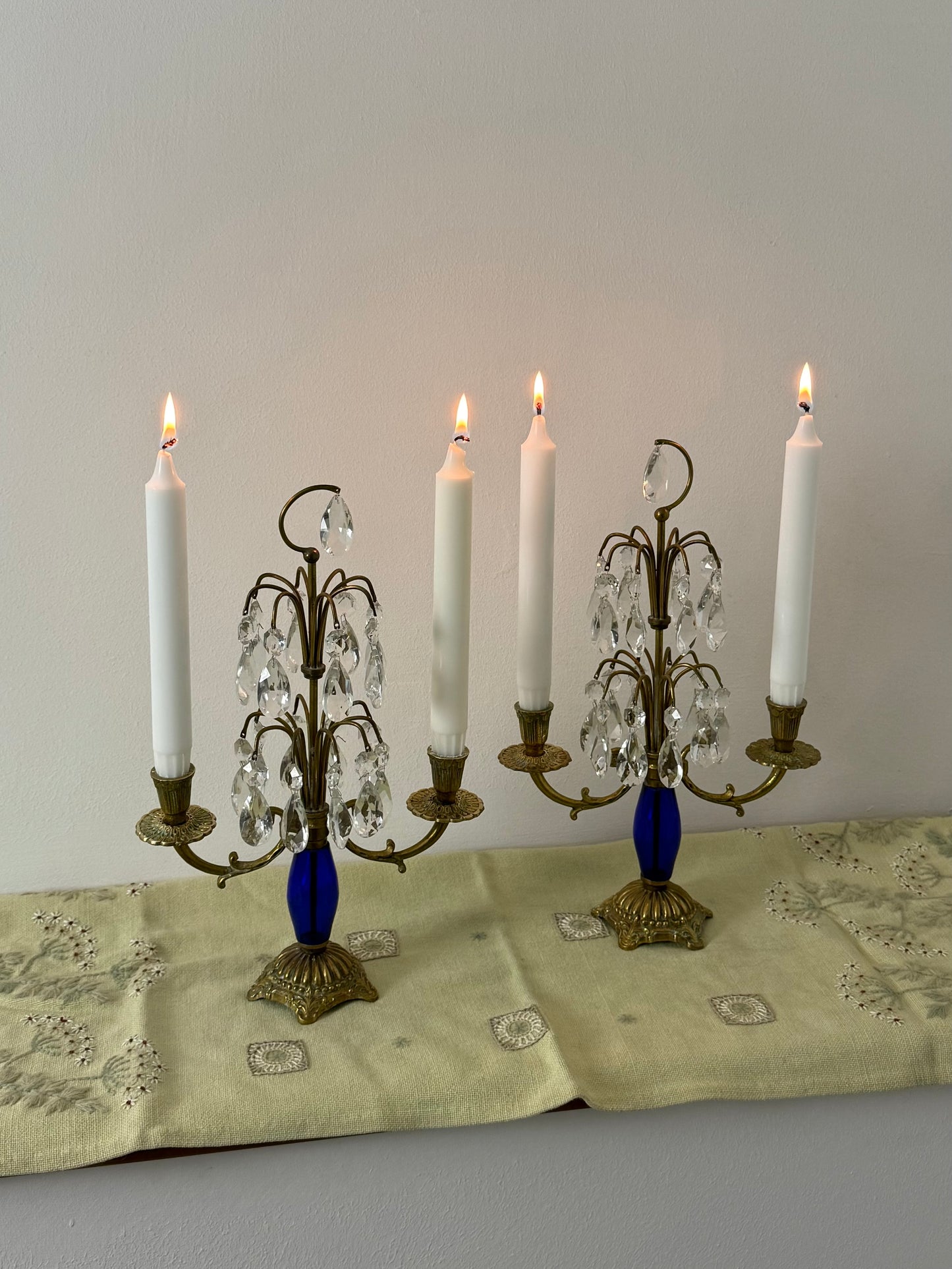 Pair of Vintage Brass Candlesticks with Faceted Prisms and Blue Accent