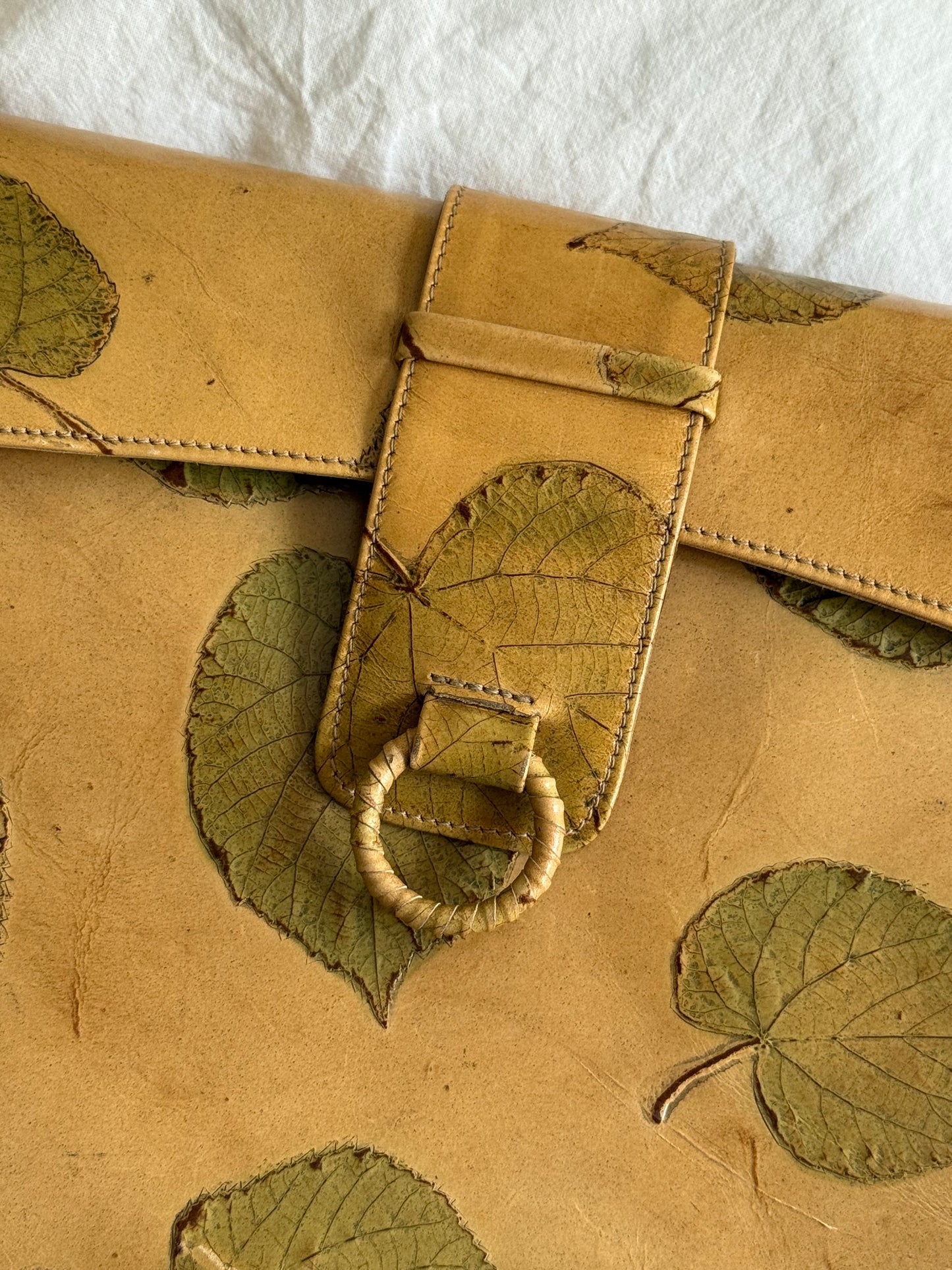Vintage Leather Shoulder Bag and Matching Wallet with Pressed Leaves