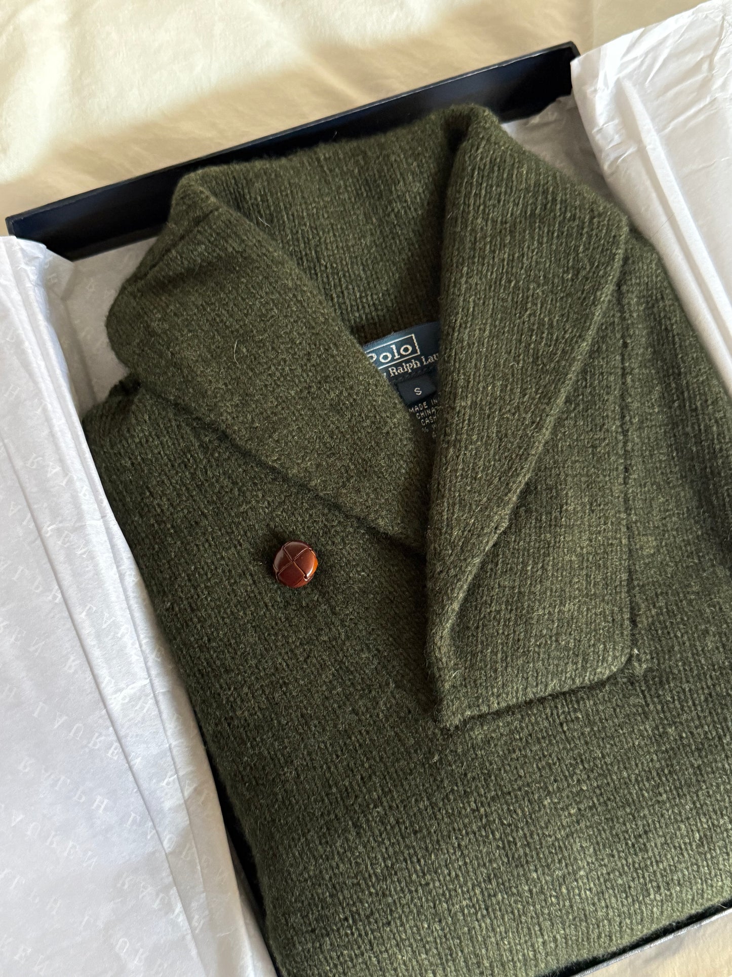 Ralph Lauren Olive Cashmere and Wool Blend Shawl Collar Sweater