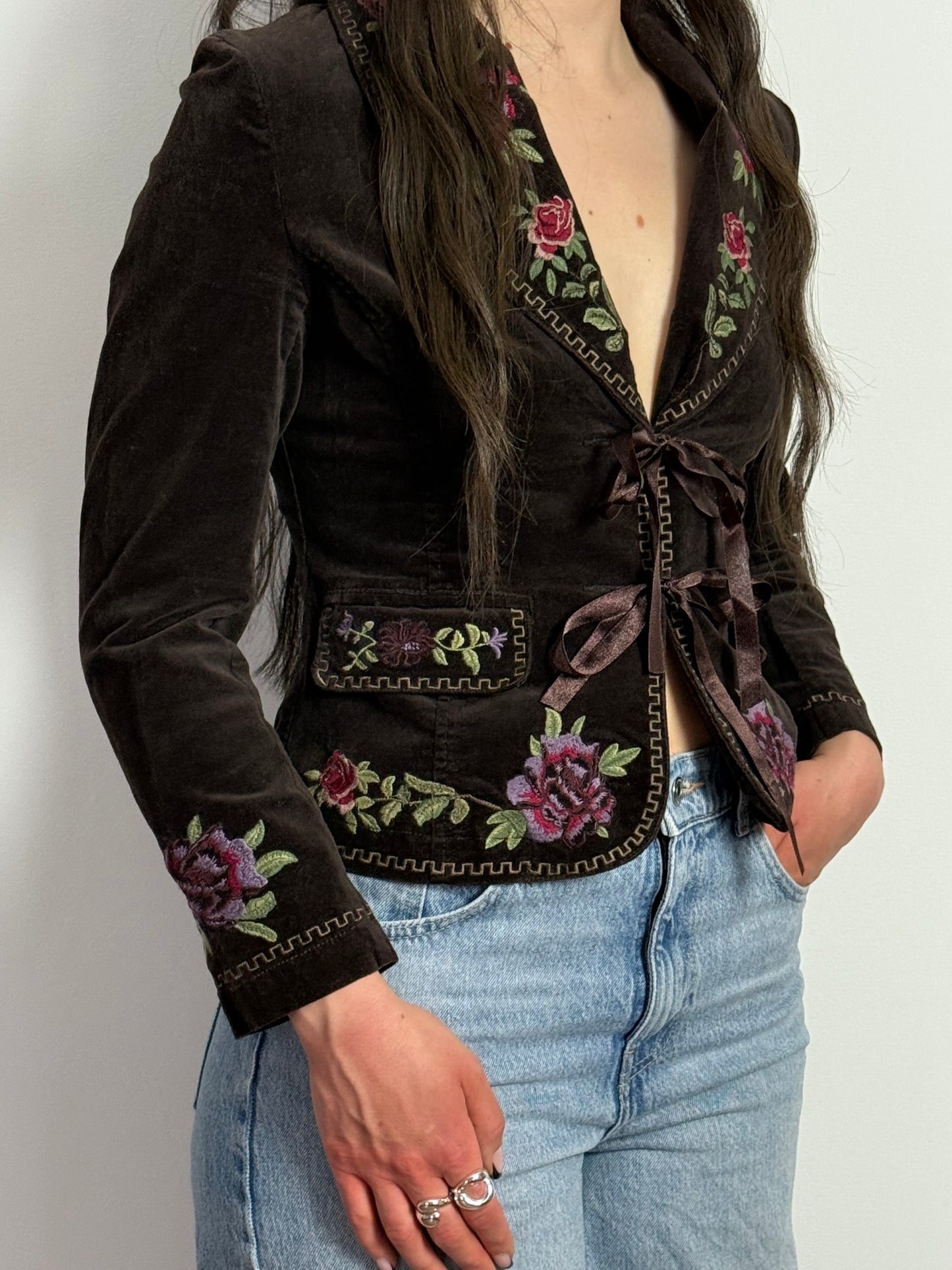 Diane Von Furstenberg Embroidered Velvet Tie Front Blazer