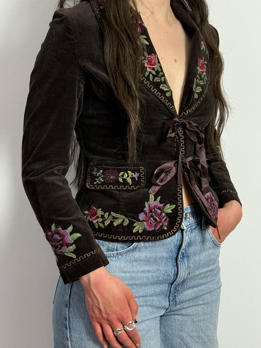 Diane Von Furstenberg Embroidered Velvet Tie Front Blazer