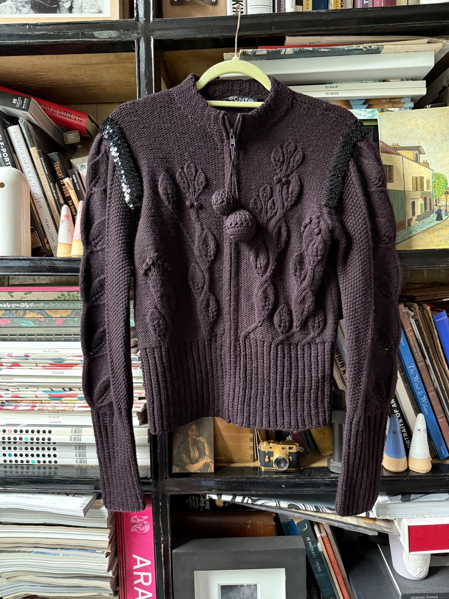 Vintage Sonia Rykiel Brown Chunky Cable Knit Zip Sweater