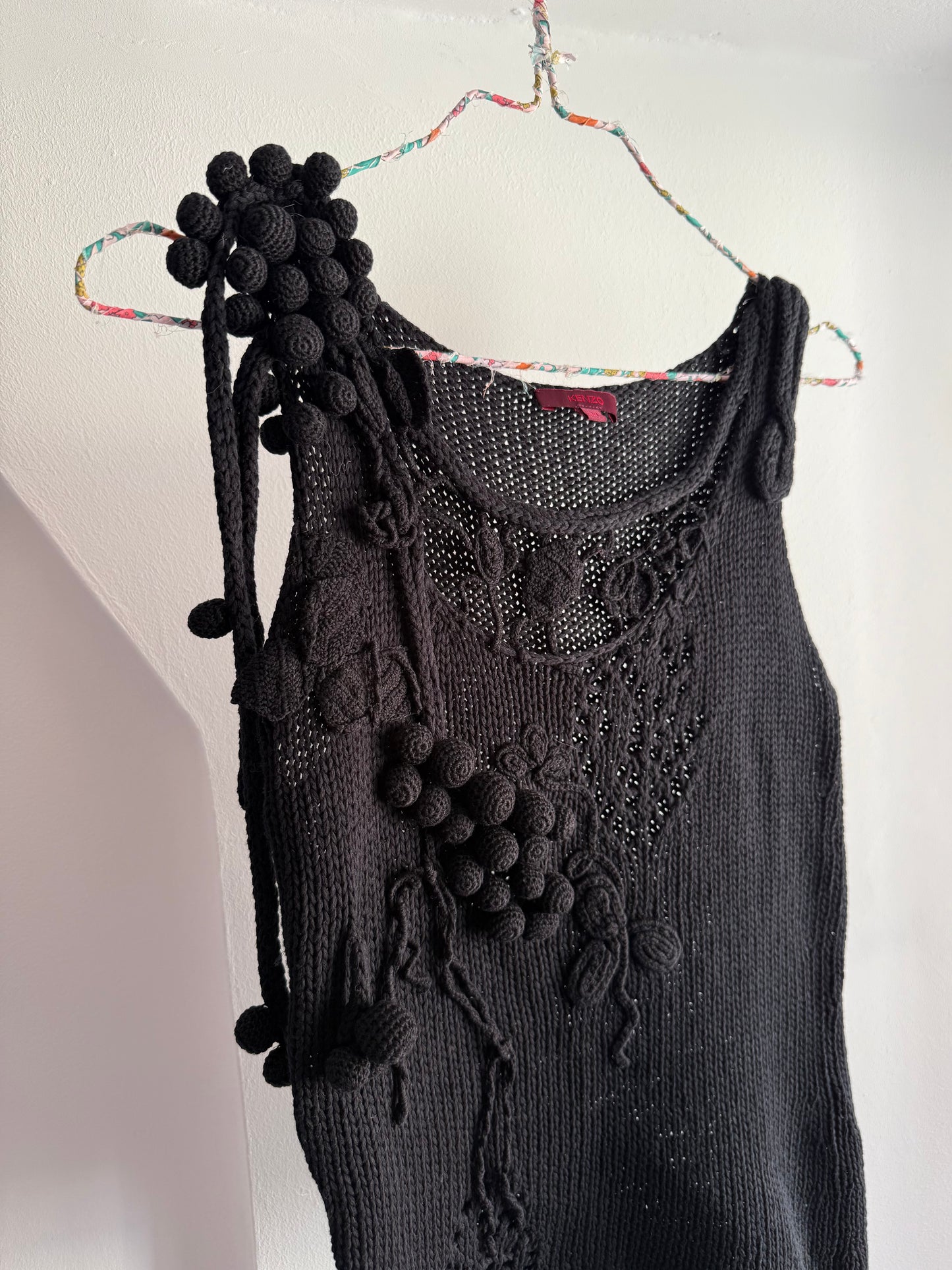 Rare Vintage Kenzo Black Knit Tank with Sculptural Crochet Details