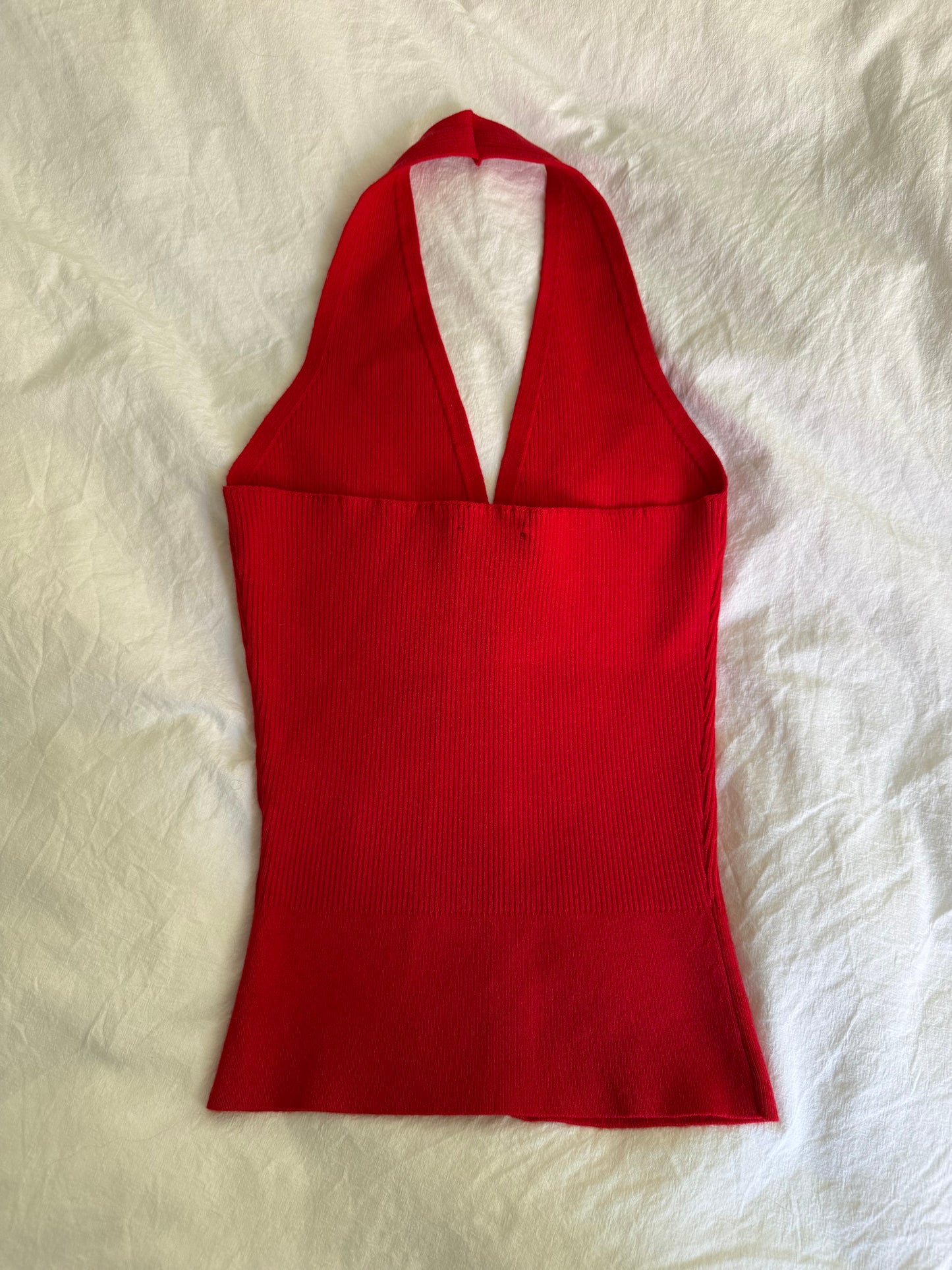 Rouje Bright Red Halterneck Top with Mother of Pearls Buttons