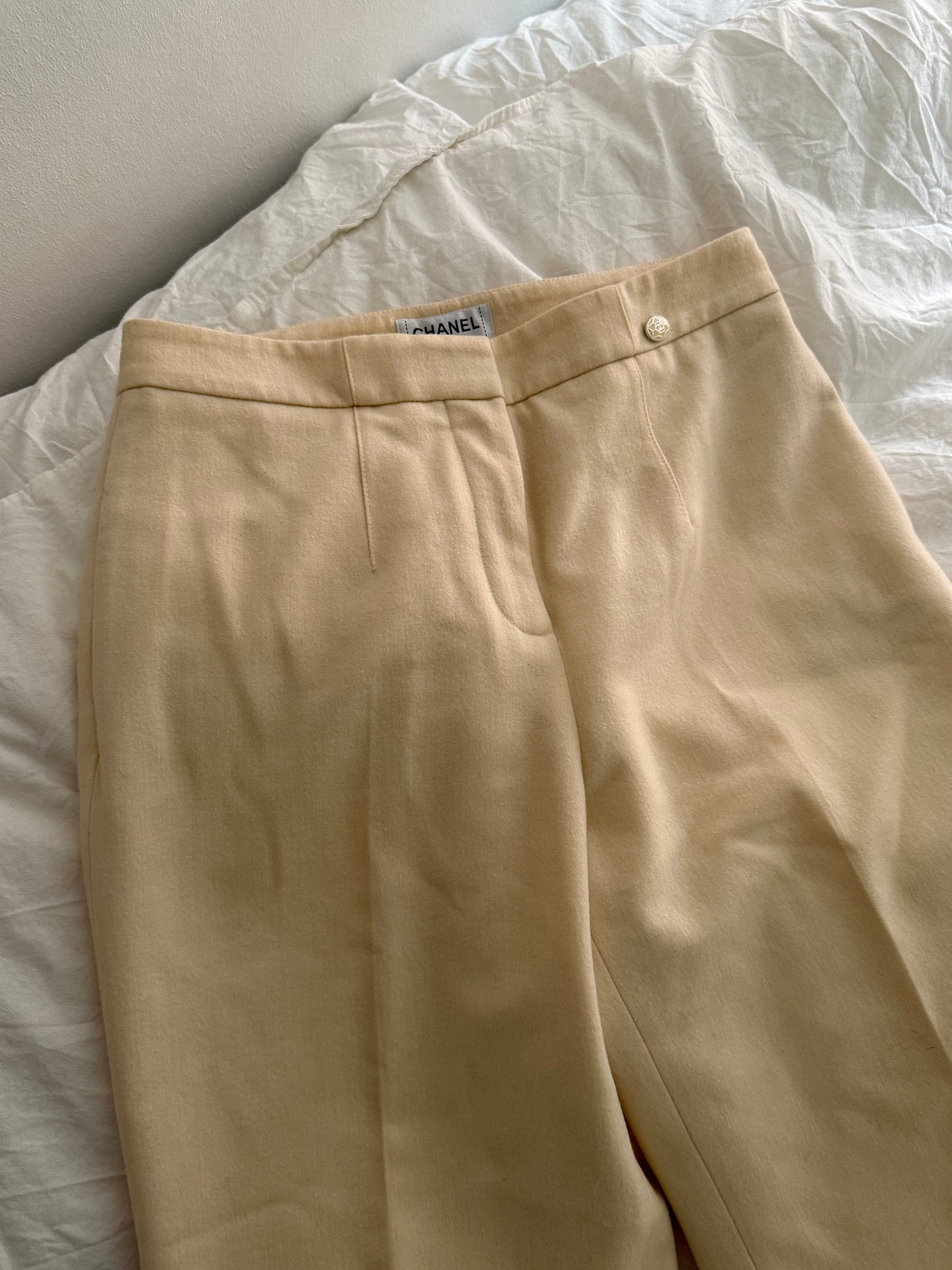 Vintage Chanel Cream Wool and Cashmere Tailored Trousers with Signature Button Detail