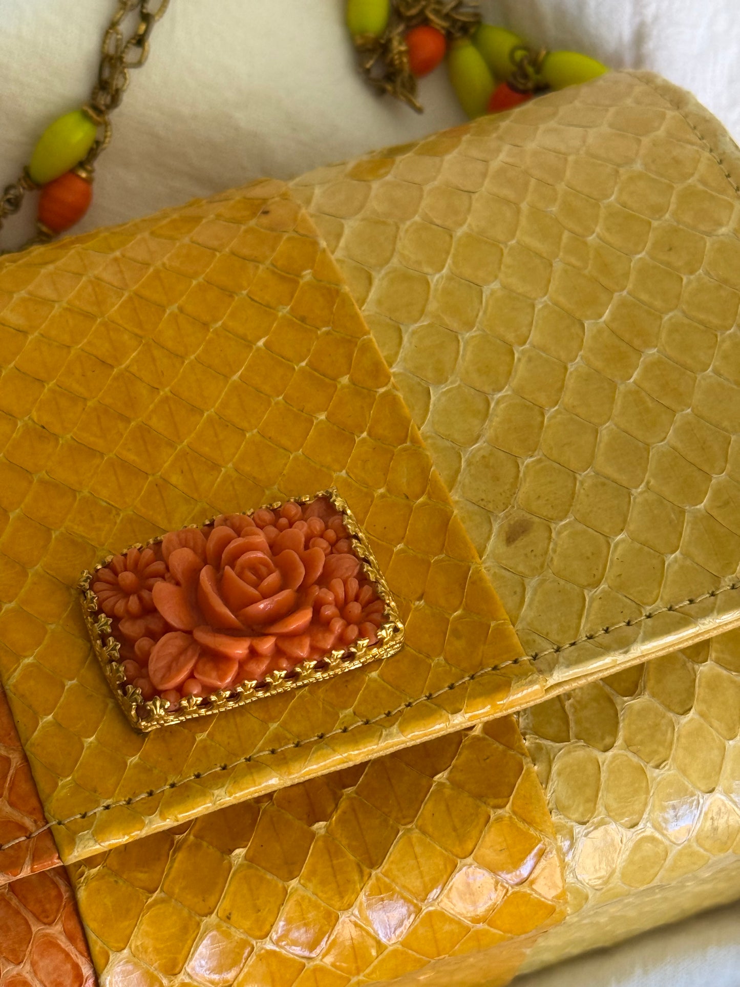 Vintage Rare Sunset Python Leather Beaded Chain Clutch Bag