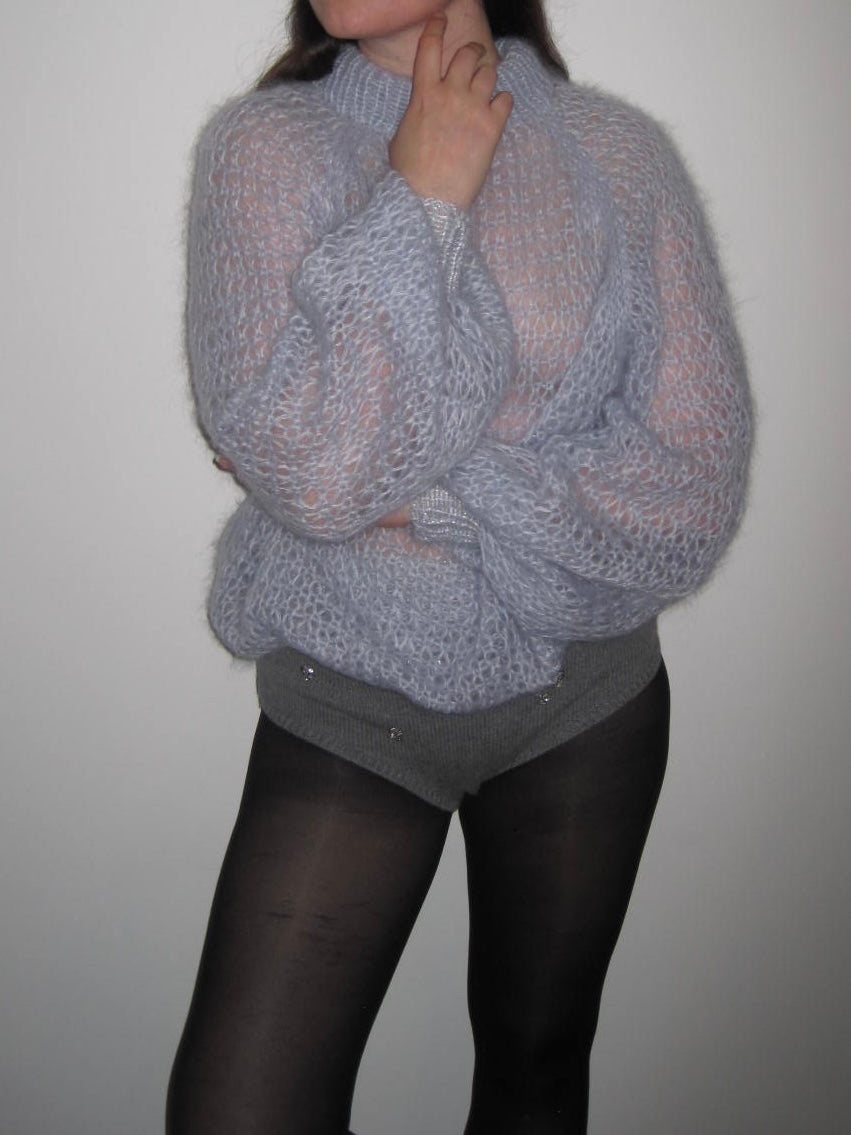 Vintage Hand-Knit Baby Blue Oversized Sweater With Silver Shimmer Trim