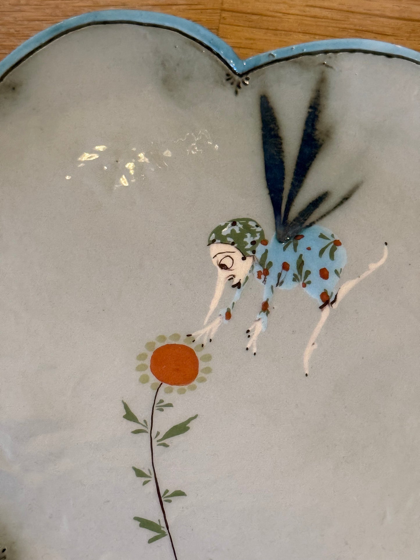 Vintage 1997 Véronique Pignatta Hand Painted Ceramic Plate with Flower and Mosquito