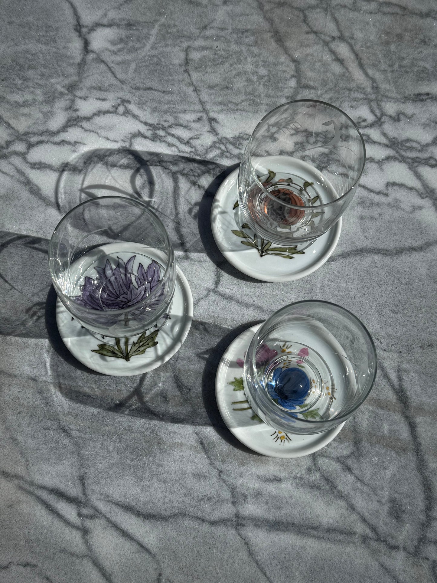 Porcelain Coasters with Hand Painted Floral Motifs Set of 6