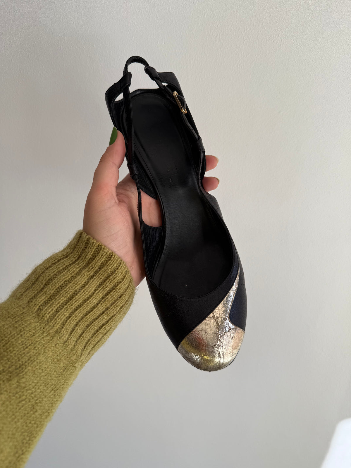 Vintage Chanel Black Leather & Gold CC Sculptural Heel Slingback Pumps