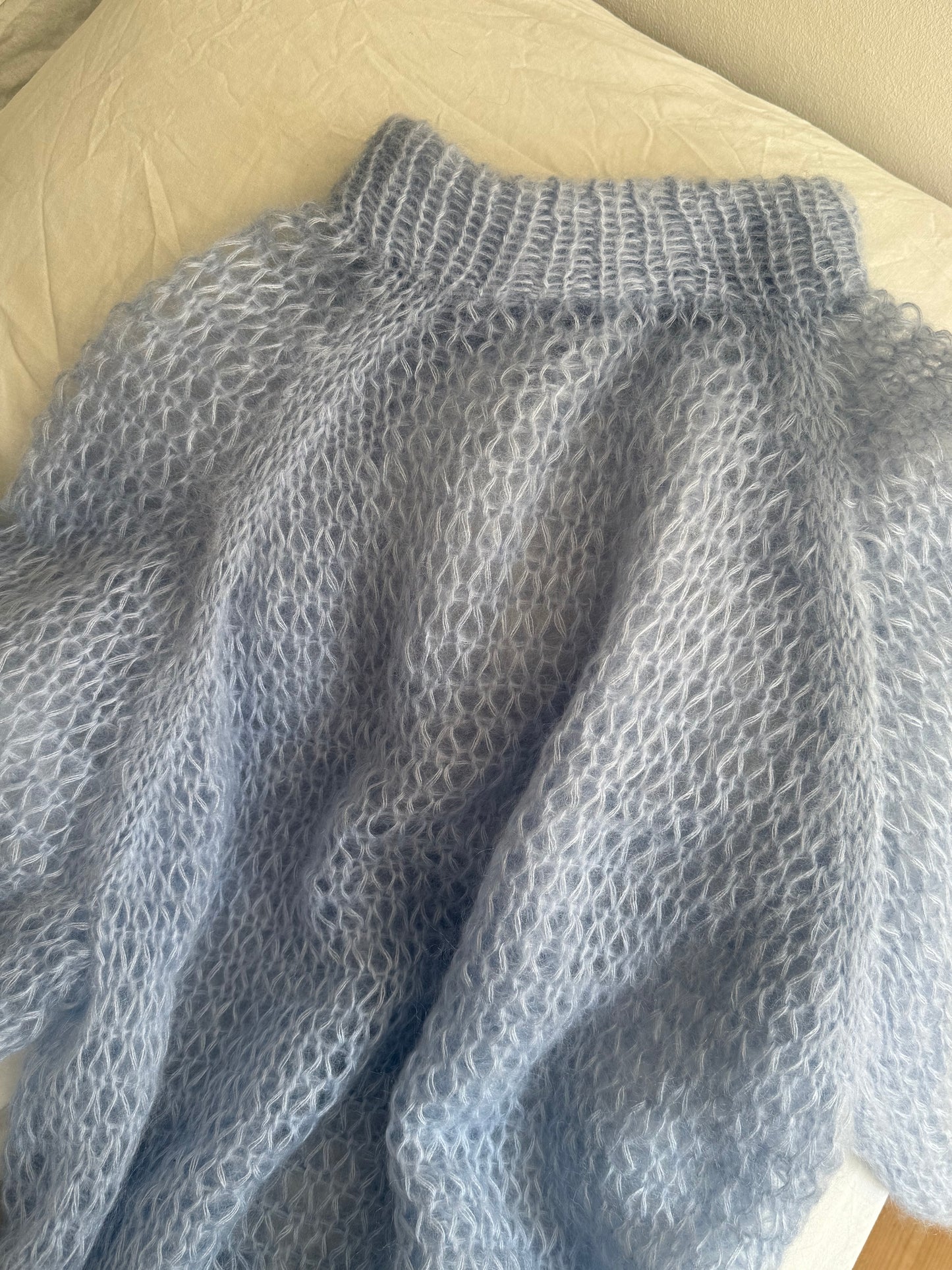 Vintage Hand-Knit Baby Blue Oversized Sweater With Silver Shimmer Trim
