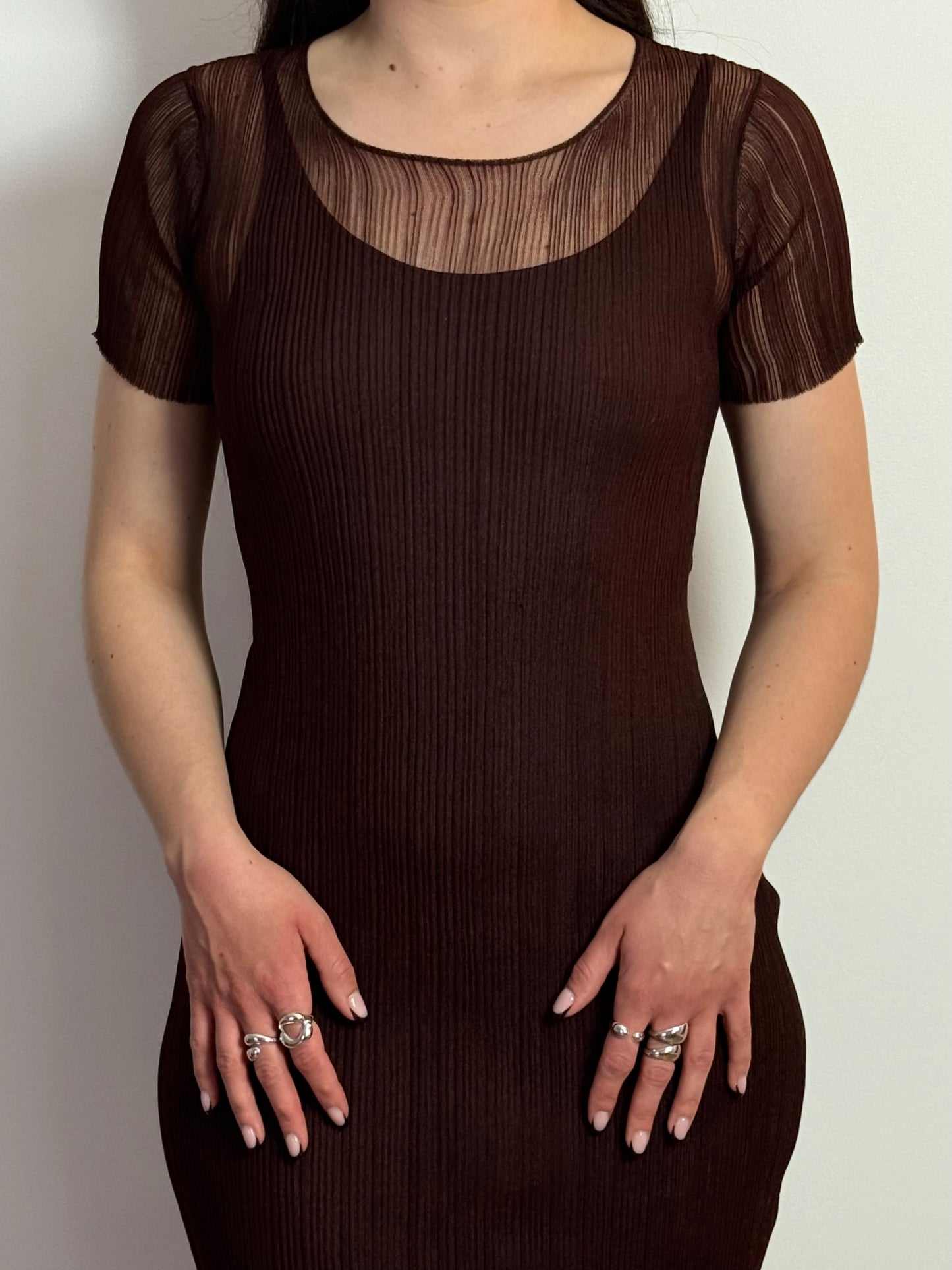Simkhai Sheer Pleated Ruffle Hem Bodycon Chocolate Maxi Dress