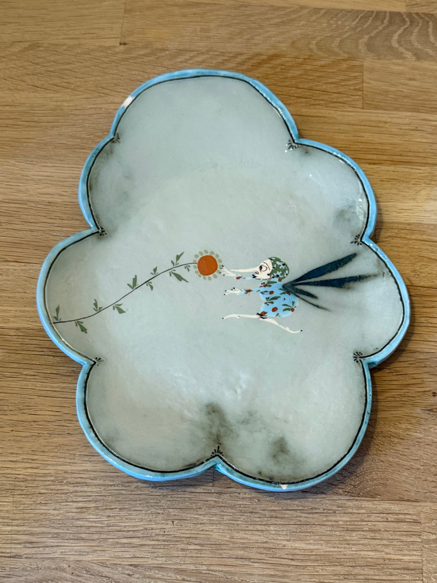 Vintage 1997 Véronique Pignatta Hand Painted Ceramic Plate with Flower and Mosquito