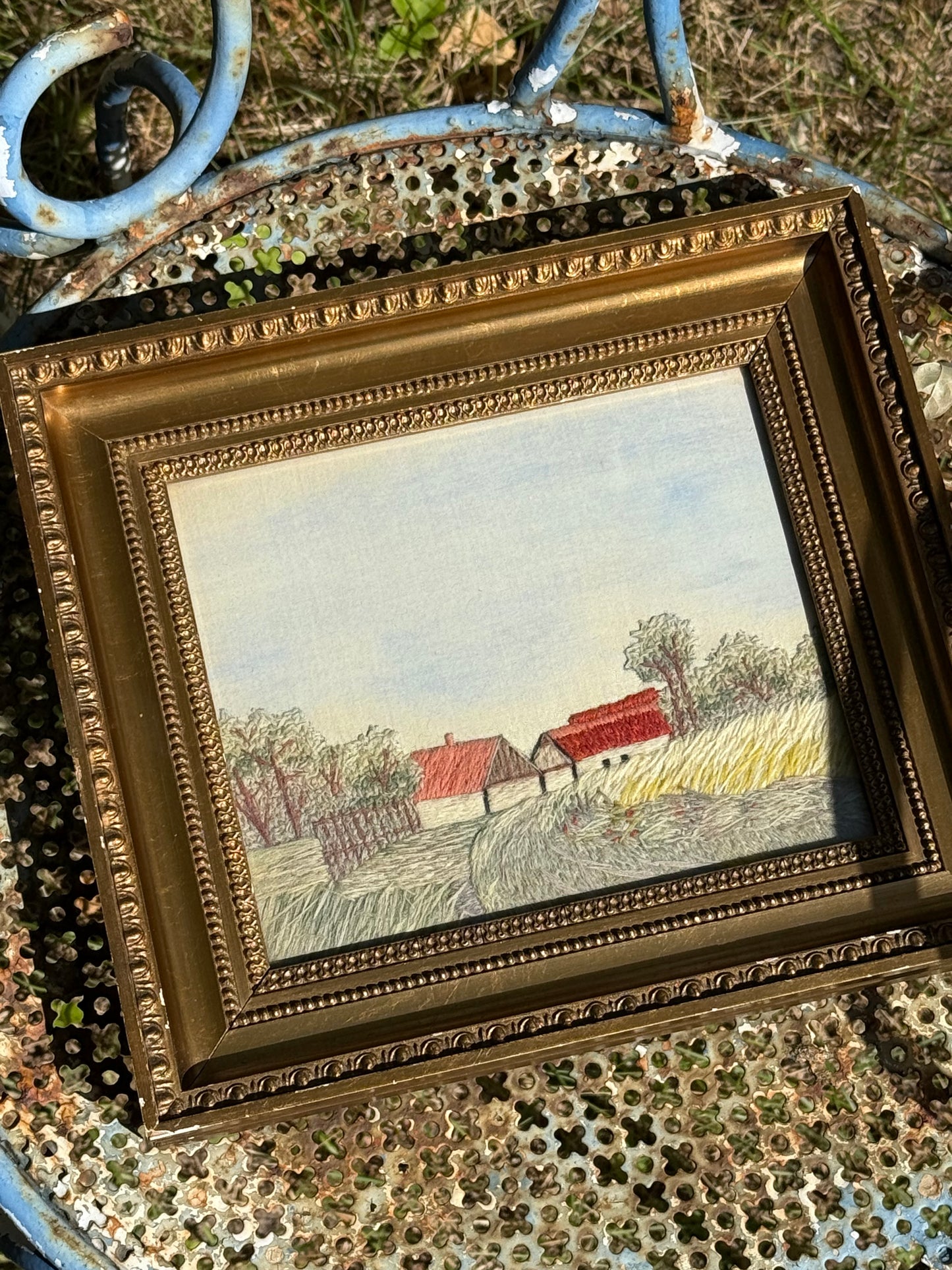 Vintage Framed Hand Embroidered Countryside Landscape