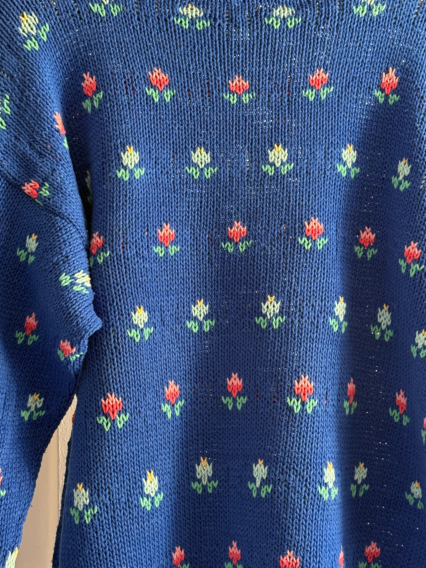 Vintage Hand Knit Blue Tulip Sweater With Folk Pattern