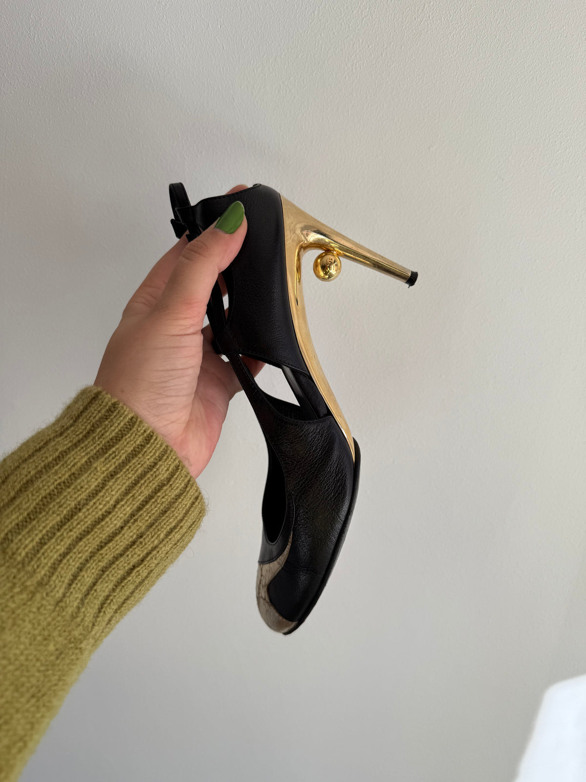 Vintage Chanel Black Leather & Gold CC Sculptural Heel Slingback Pumps