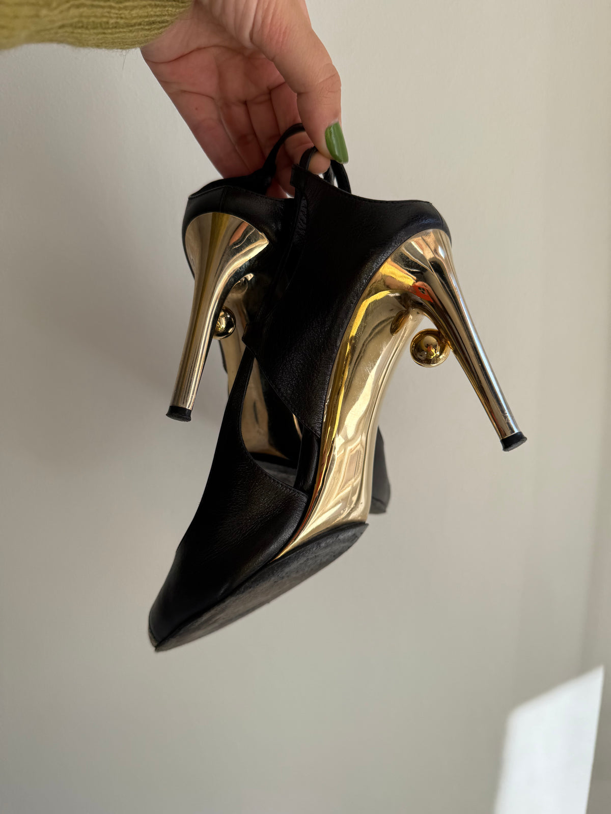 Vintage Chanel Black Leather & Gold CC Sculptural Heel Slingback Pumps