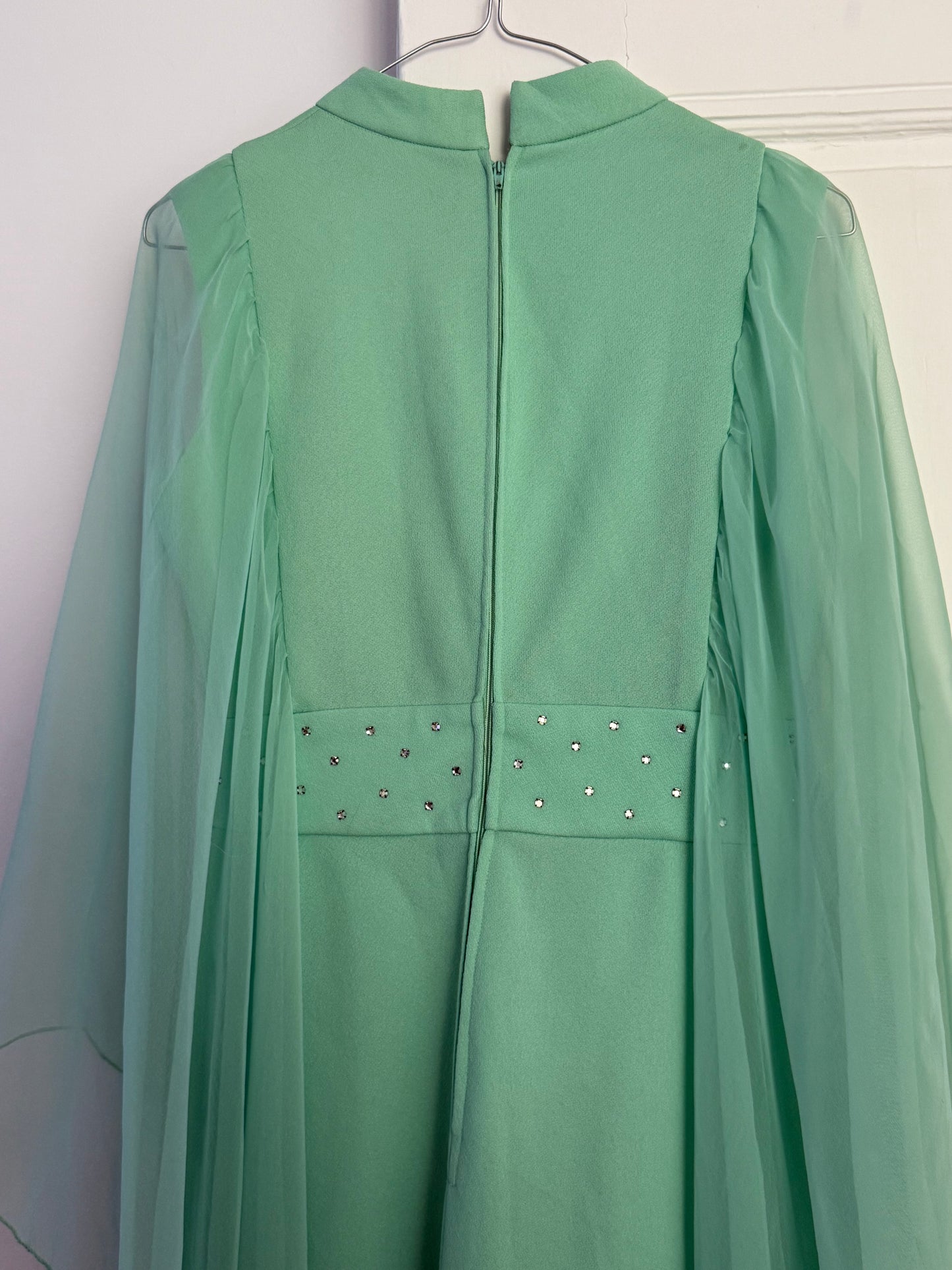 Vintage 60s-70s Mint Green Chiffon Cape Maxi Dress with Rhinestones