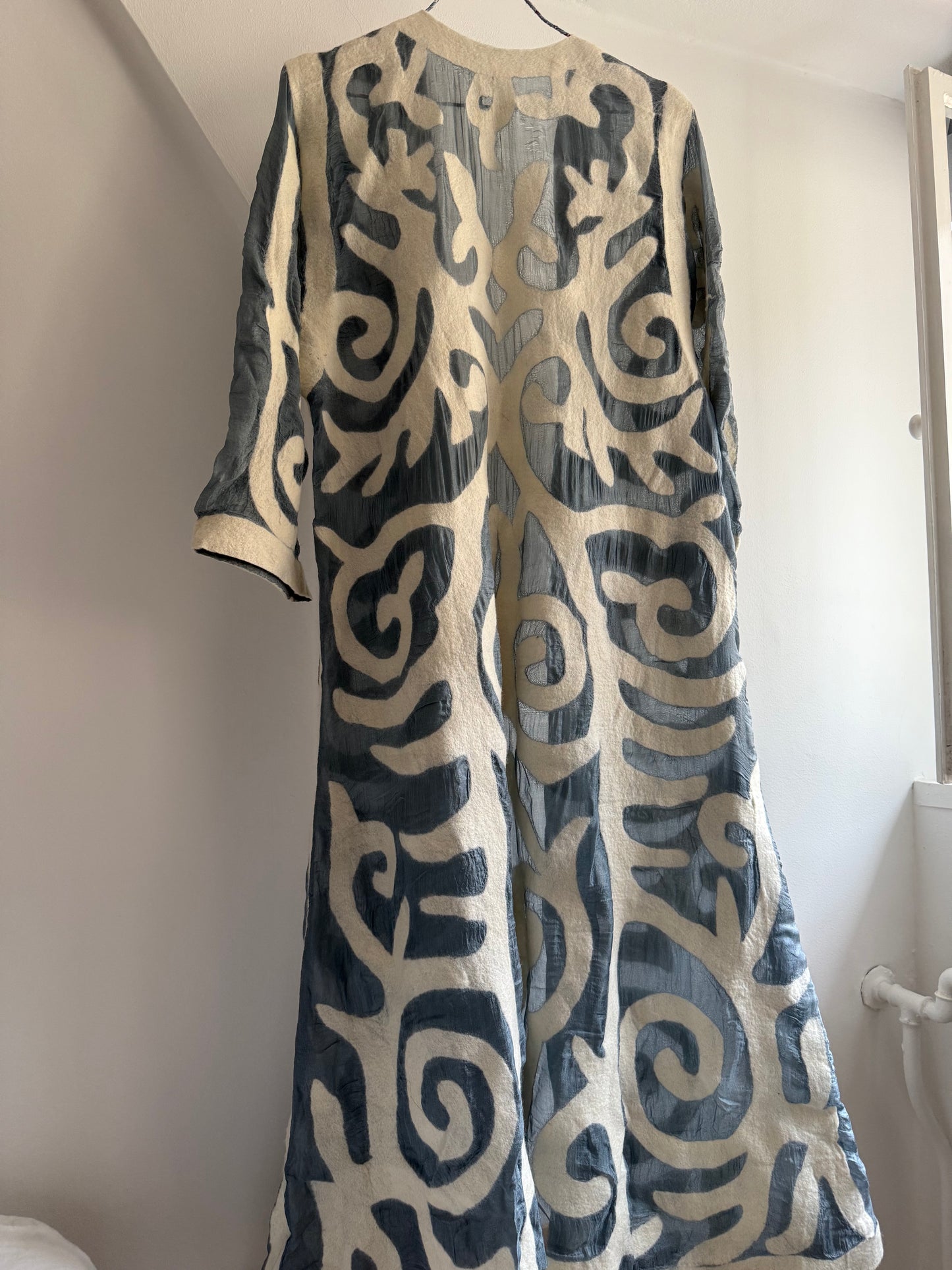 Vintage Long Kimono with Abstract Appliqué Detailing