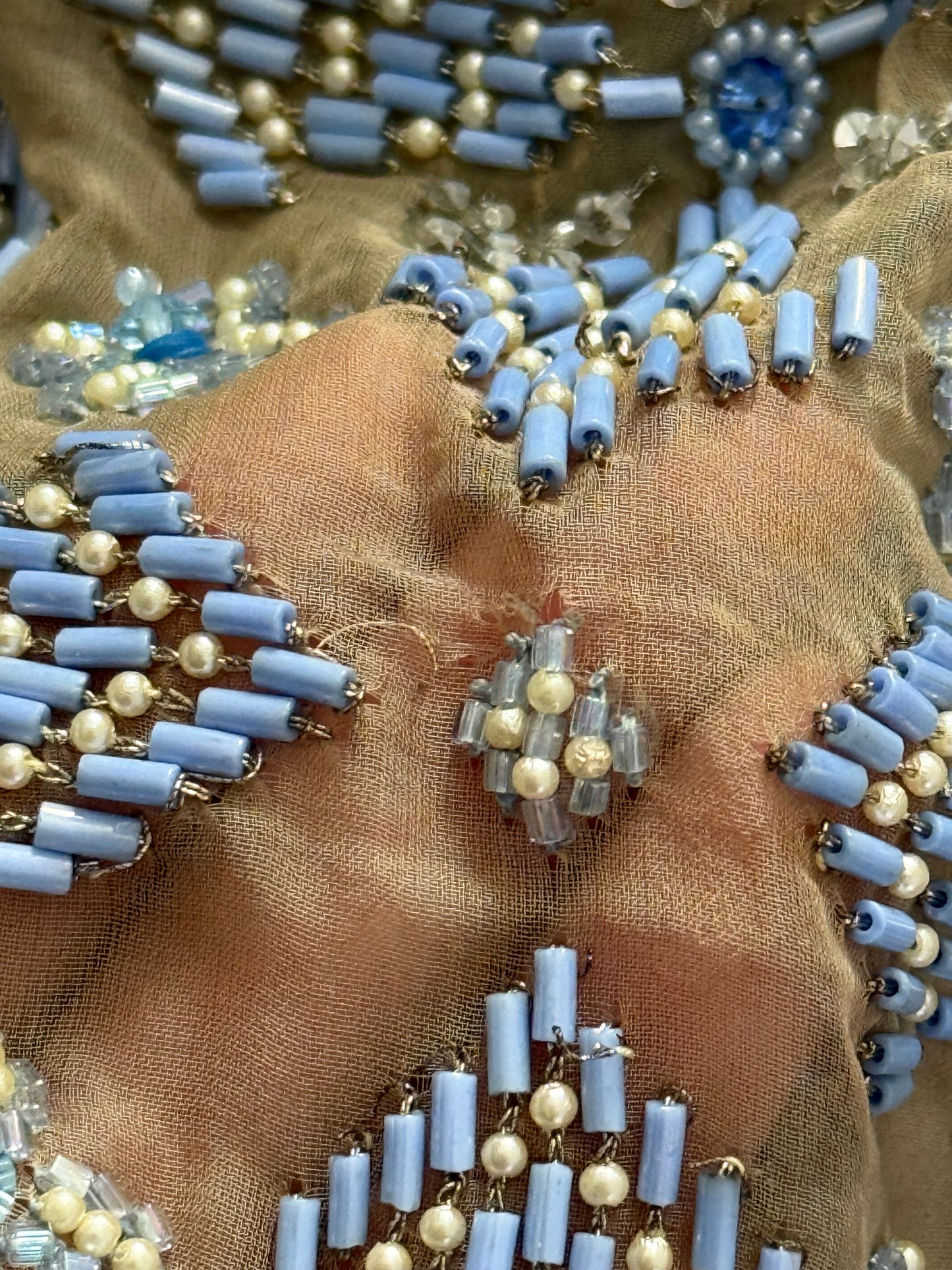 Rare Hand Beaded Vintage Cocktail Dress in Soft Nude and Blue