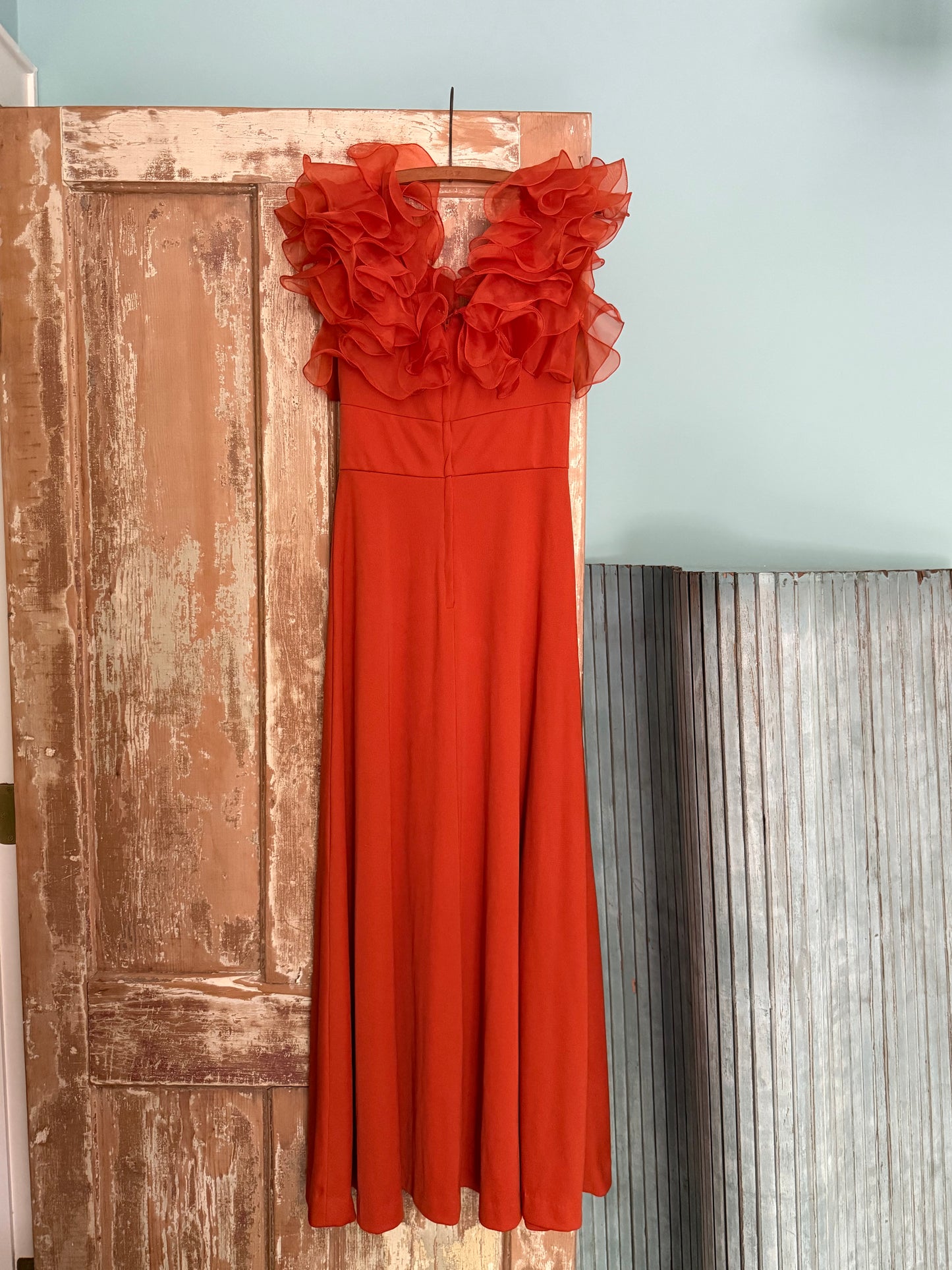 Vintage Orange Ruffle Evening Gown