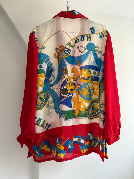 Vintage Flag Print Button Up Blouse