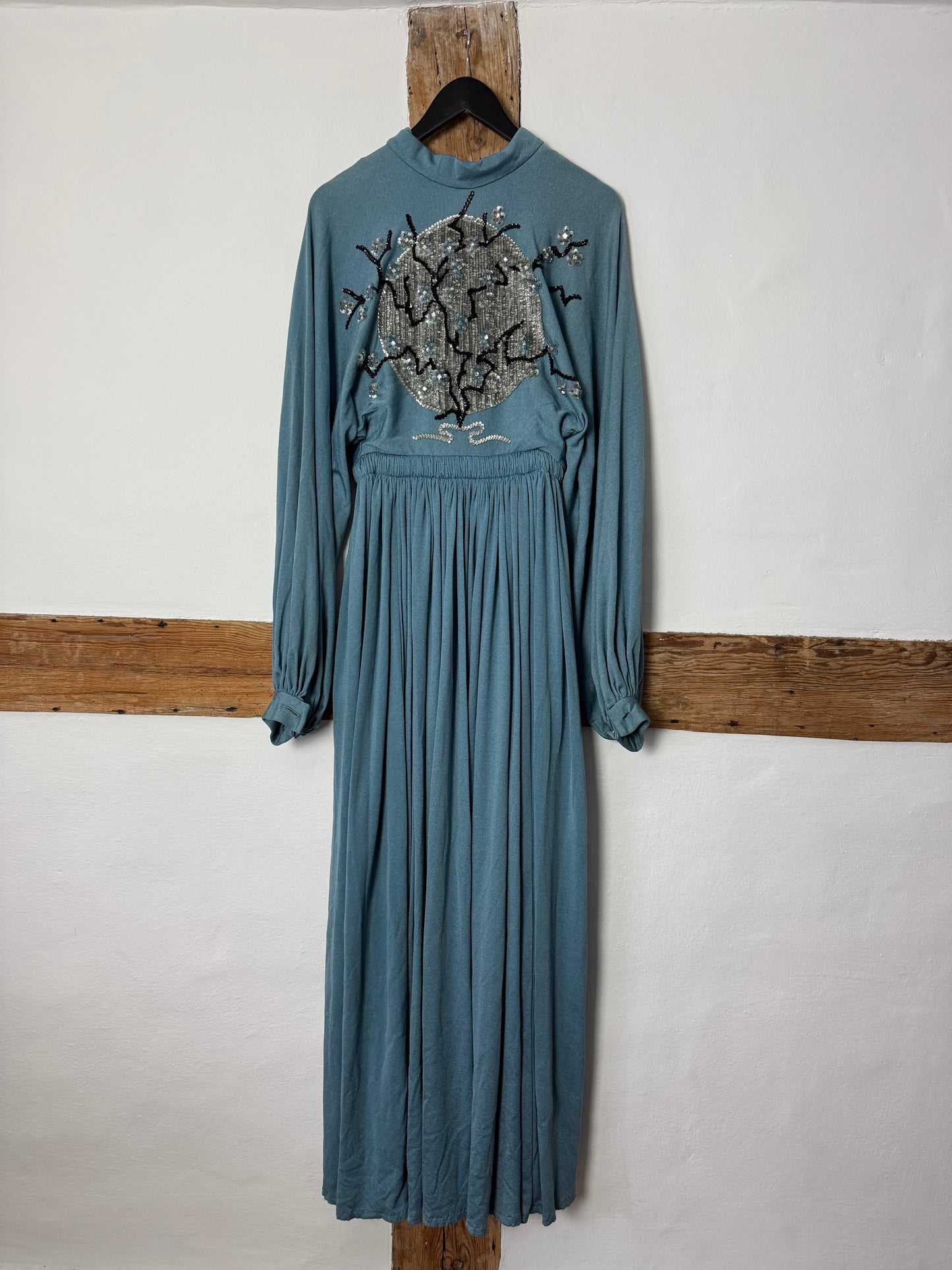 Vintage Rare Jean Varon Sky Blue Maxi Dress with Appliqué Details
