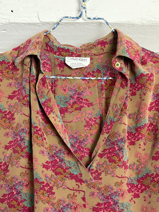 Vintage Calvin Klein Floral Silk Blend Blouse with Relaxed Fit and V Neckline