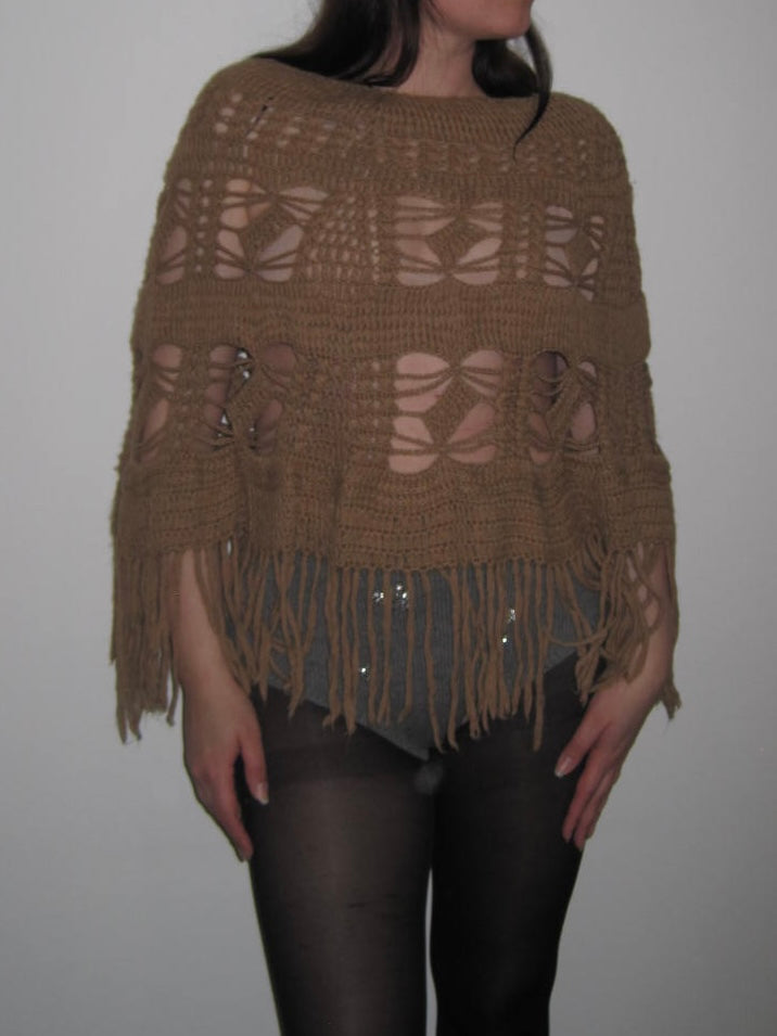 Vintage Rare Baby Alpaca Crochet Fringe Poncho Top in Camel Brown