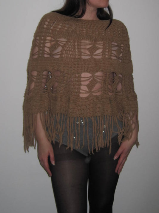 Vintage Rare Baby Alpaca Crochet Fringe Poncho Top in Camel Brown