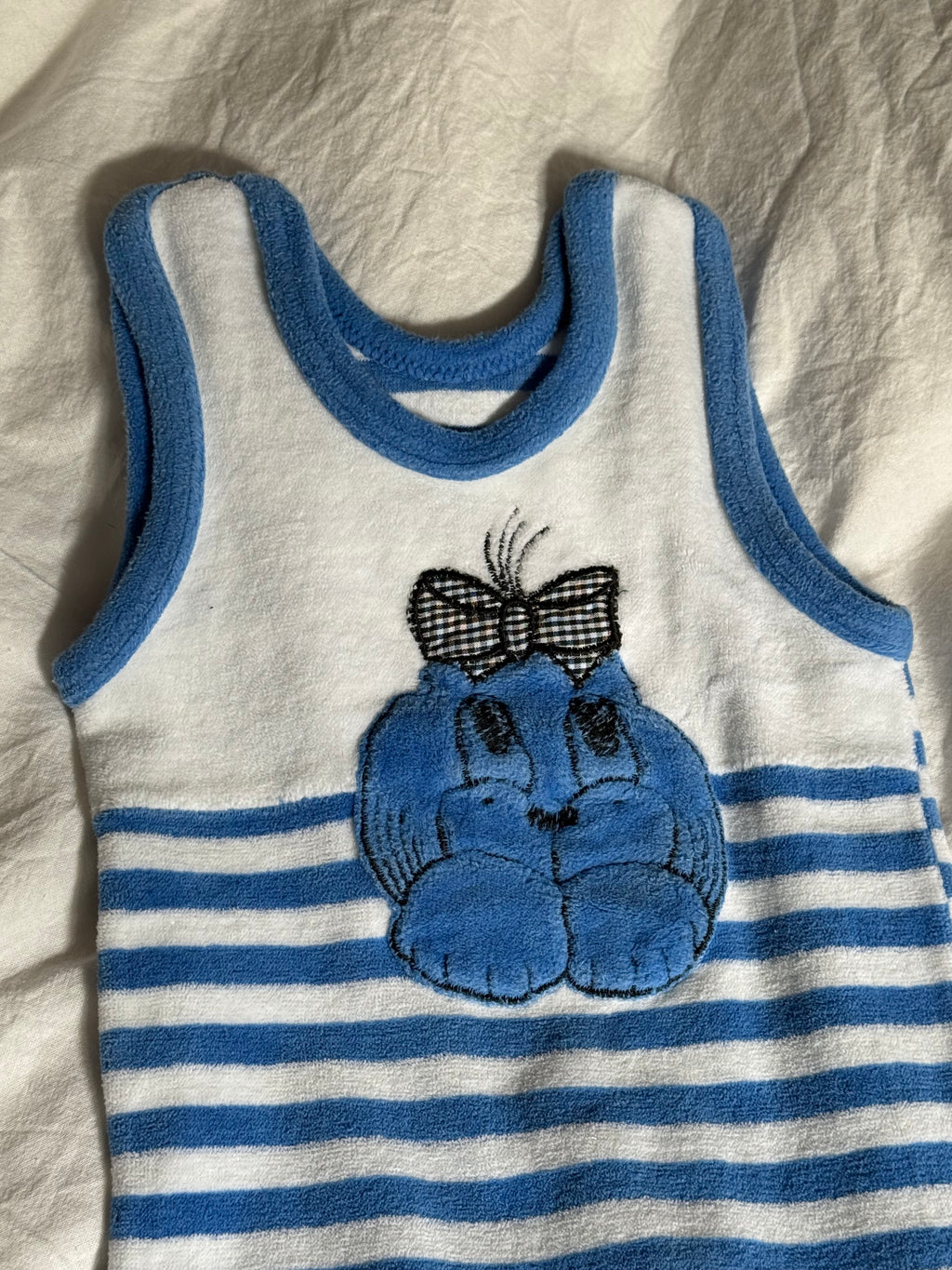 Vintage 1960s Striped Baby Romper with a Small Dog Motif