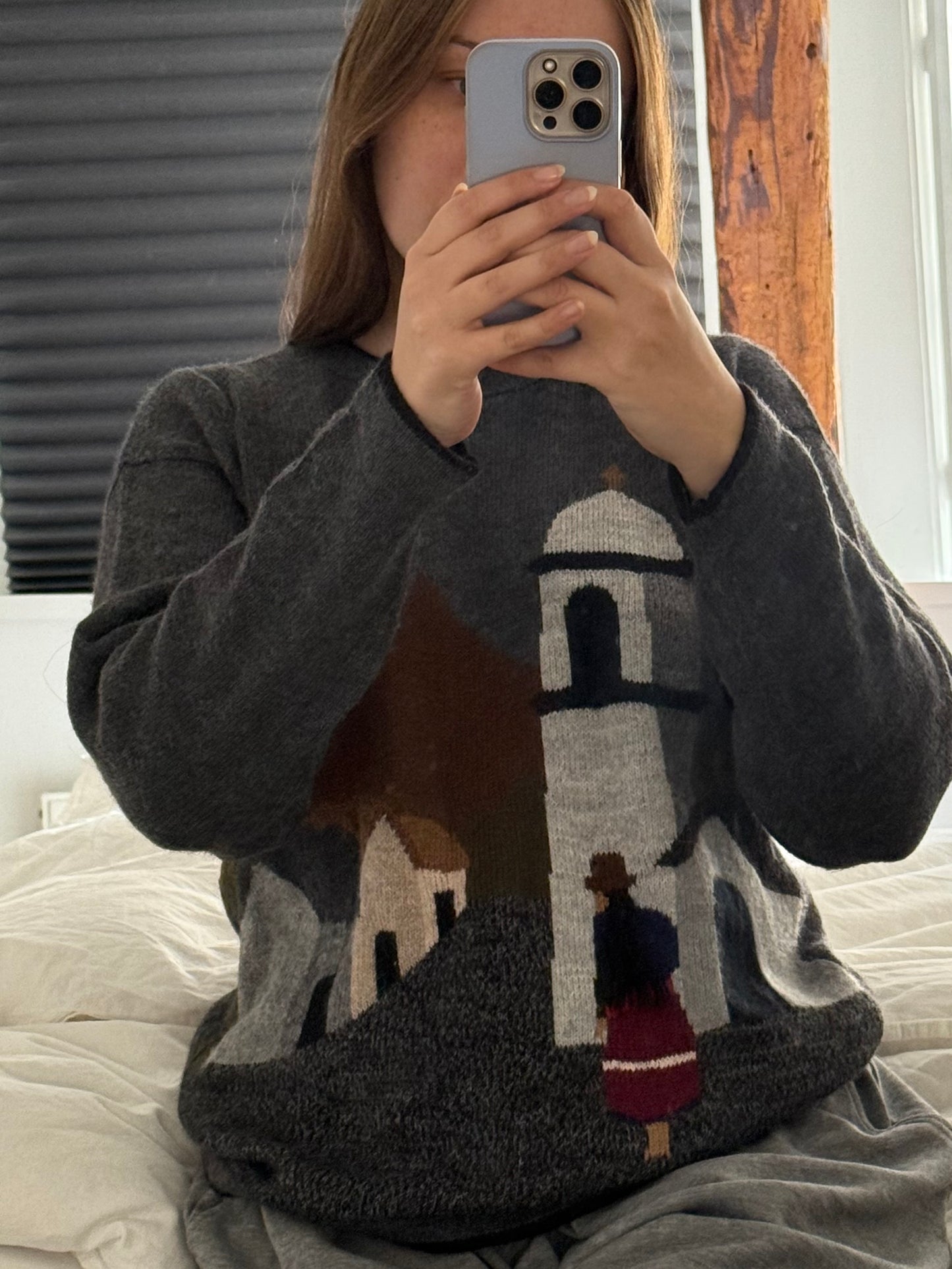 Vintage Alpaca Peru Sweater with Church Pattern