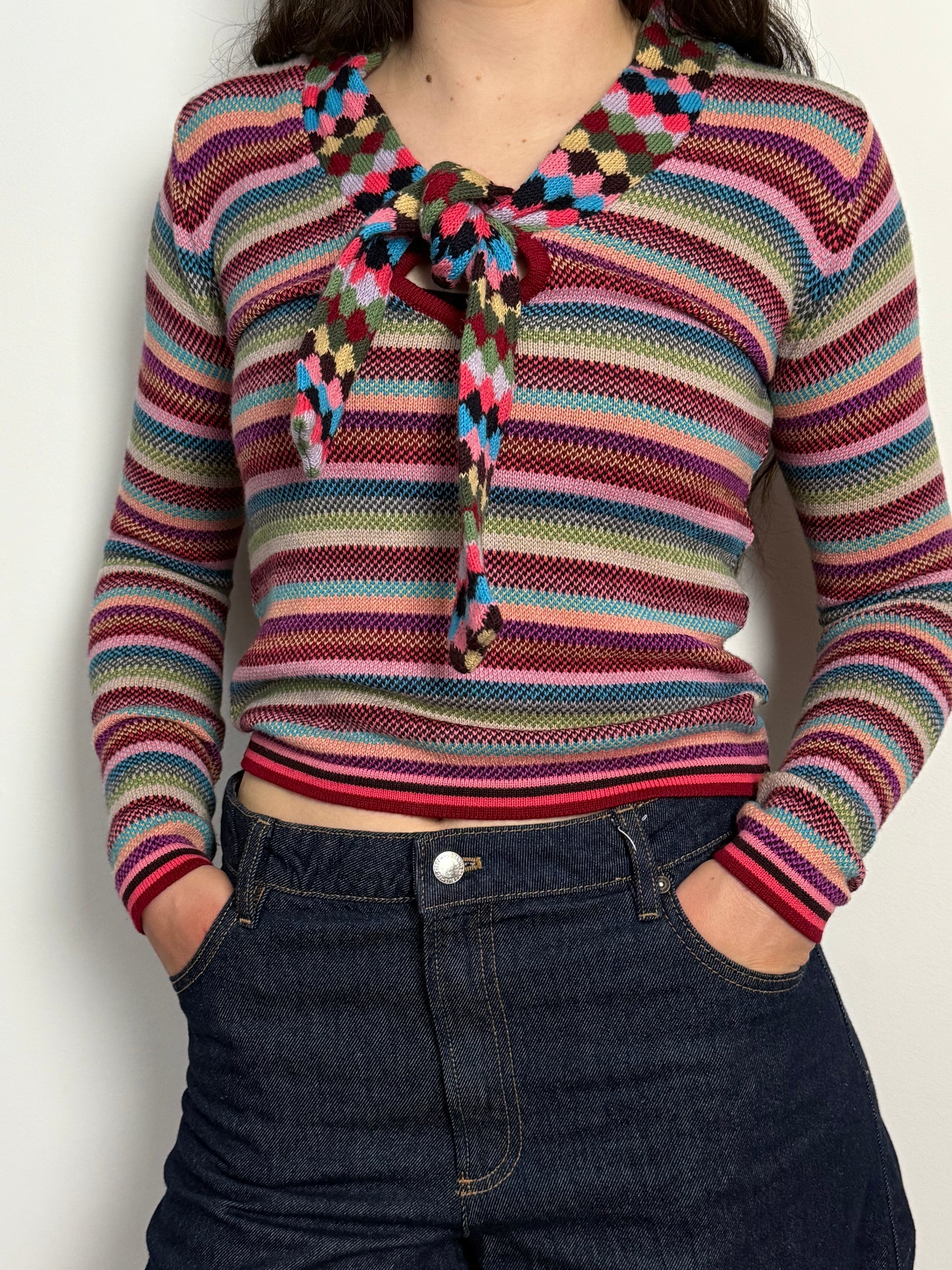 Vintage Rare Cacharel Rainbow Stripe Wool Blend Knit Top With Diamond Tie Scarf Detail