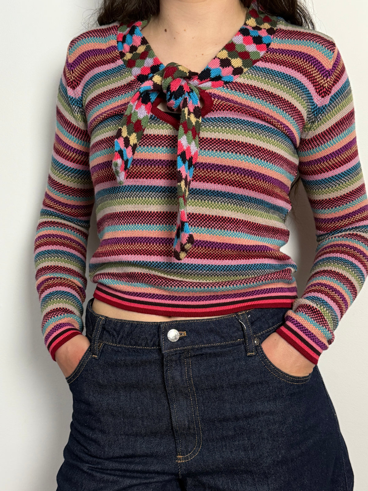 Vintage Rare Cacharel Rainbow Stripe Wool Blend Knit Top With Diamond Tie Scarf Detail