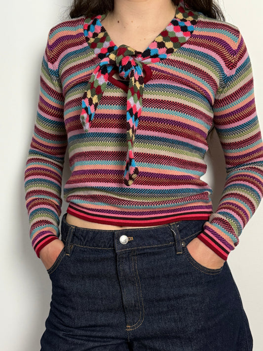 Vintage Rare Cacharel Rainbow Stripe Wool Blend Knit Top With Diamond Tie Scarf Detail