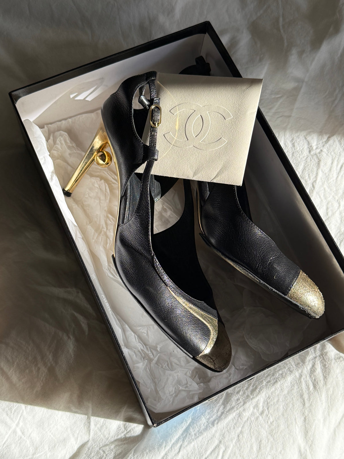 Vintage Chanel Black Leather & Gold CC Sculptural Heel Slingback Pumps